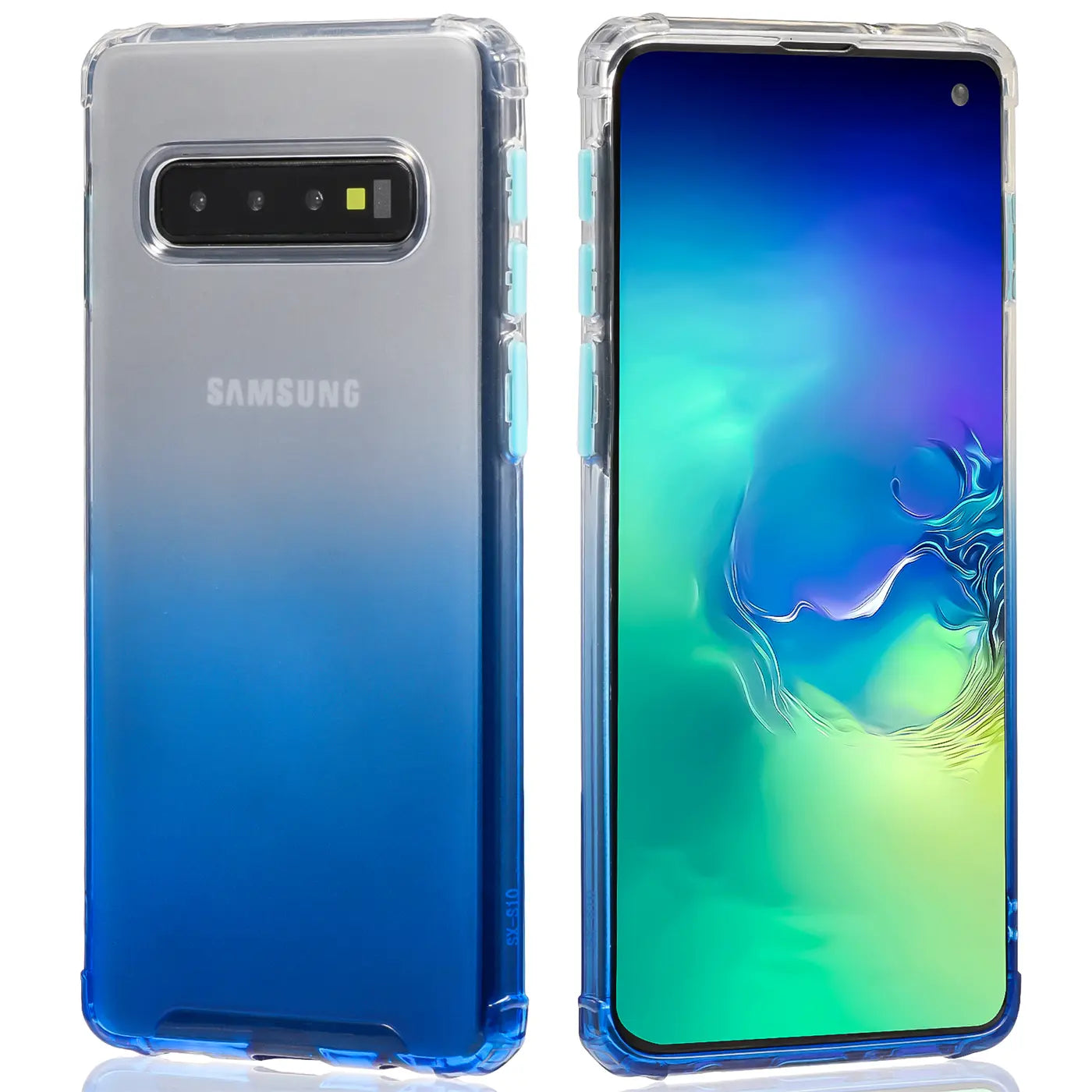 Samsung Galaxy S10 Plus Hülle, transparent mit Farbverlauf blau, Rück- und Vorderansicht