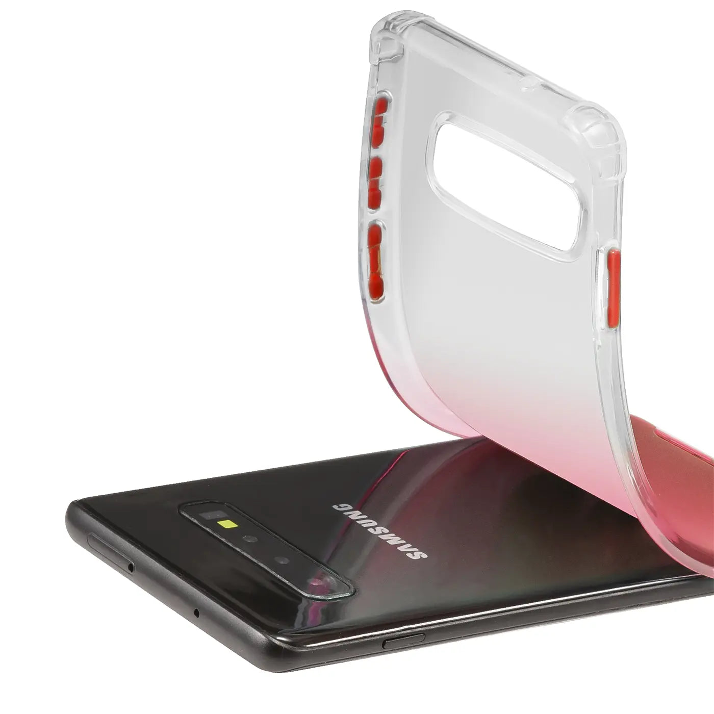 Samsung Galaxy S10 Plus mit transparenter Hülle, Farbverlauf rot/weiß, von oben gezeigt.