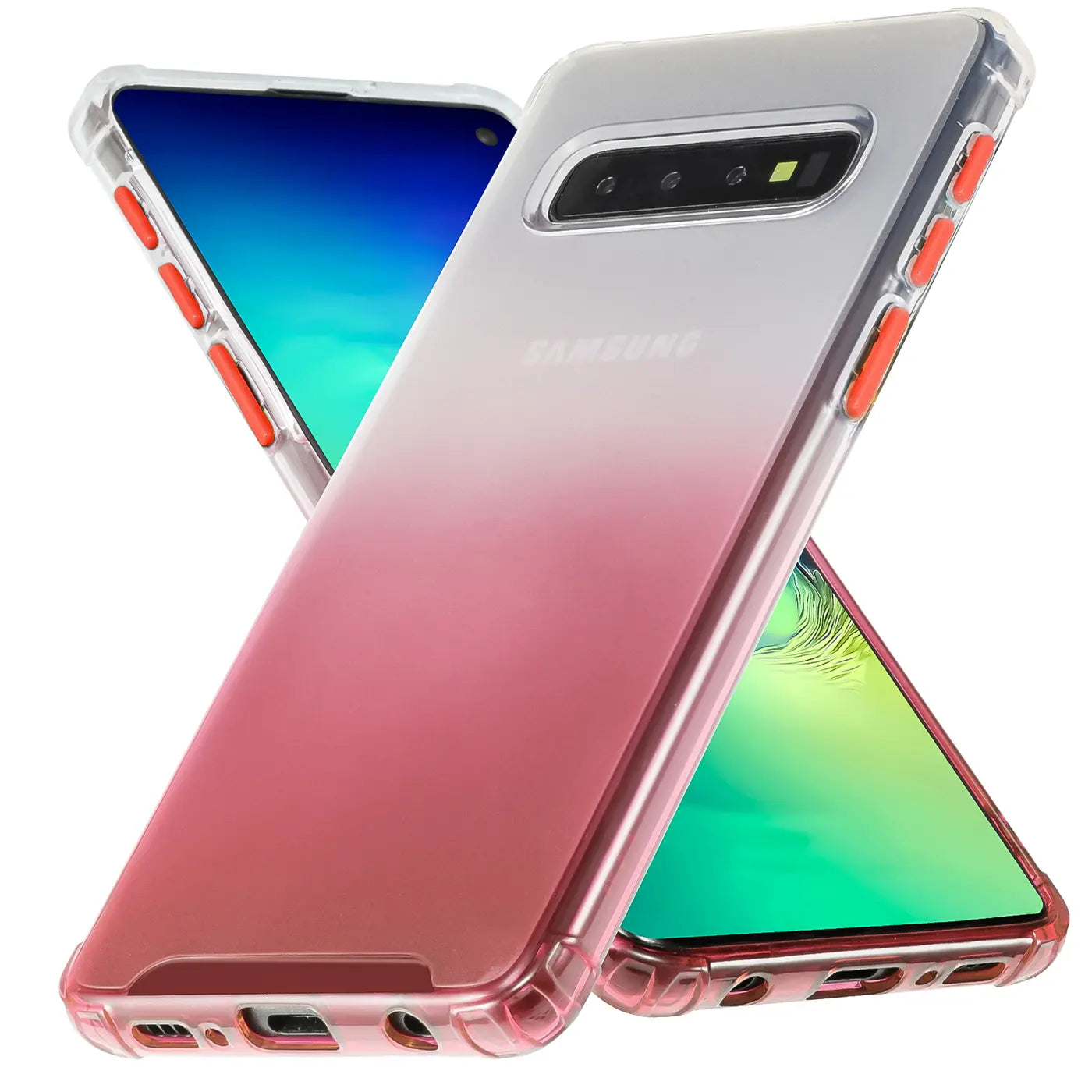 Samsung Galaxy S10 Hülle, rosa Farbverlauf, transparent, aus Kunststoff, von vorne schräg