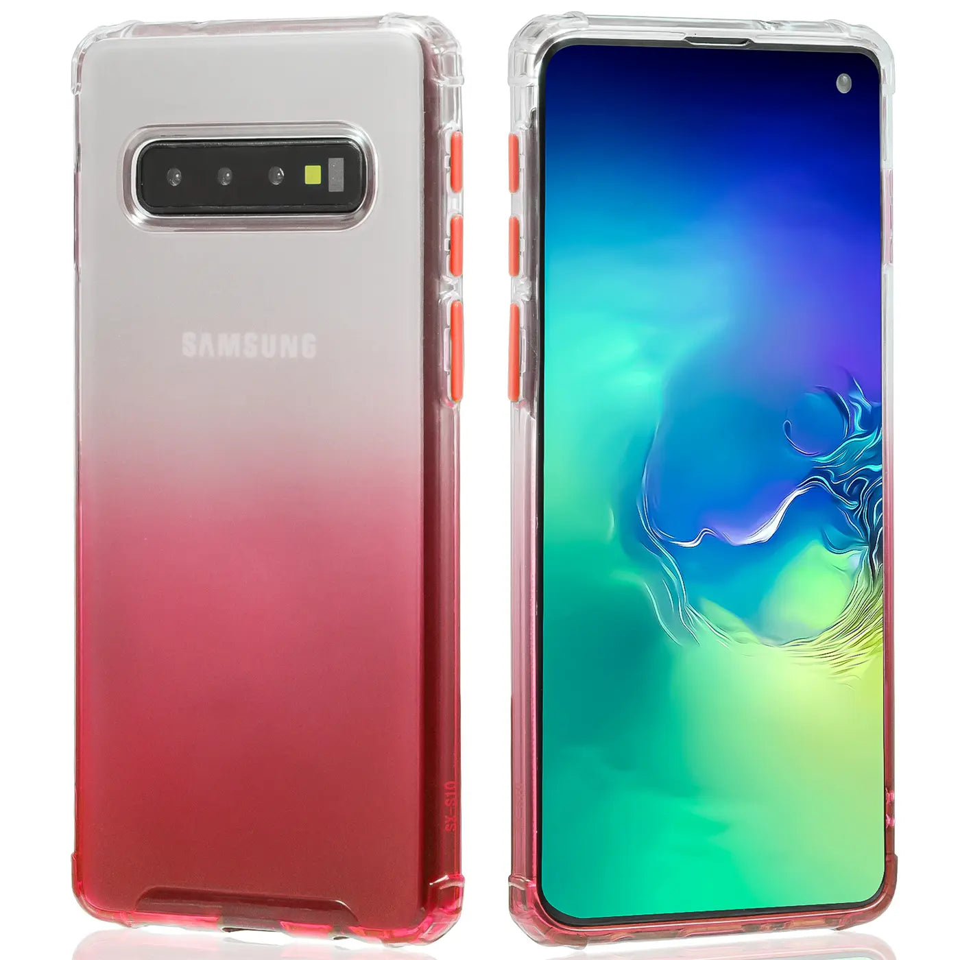 Samsung Galaxy S10 mit Farbverlauf-Hülle, Vorder- und Rückansicht, transparent/rot, Kunststoff