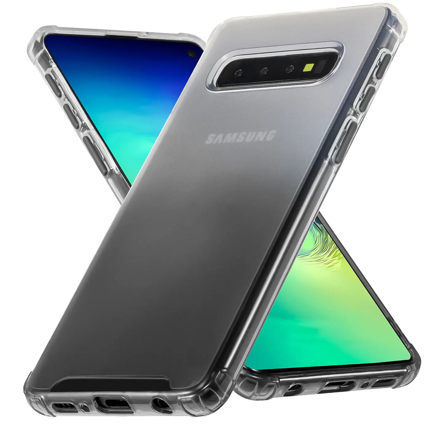 Transparente Hülle mit Farbverlauf auf Samsung Galaxy S10, von schräg unten gesehen.