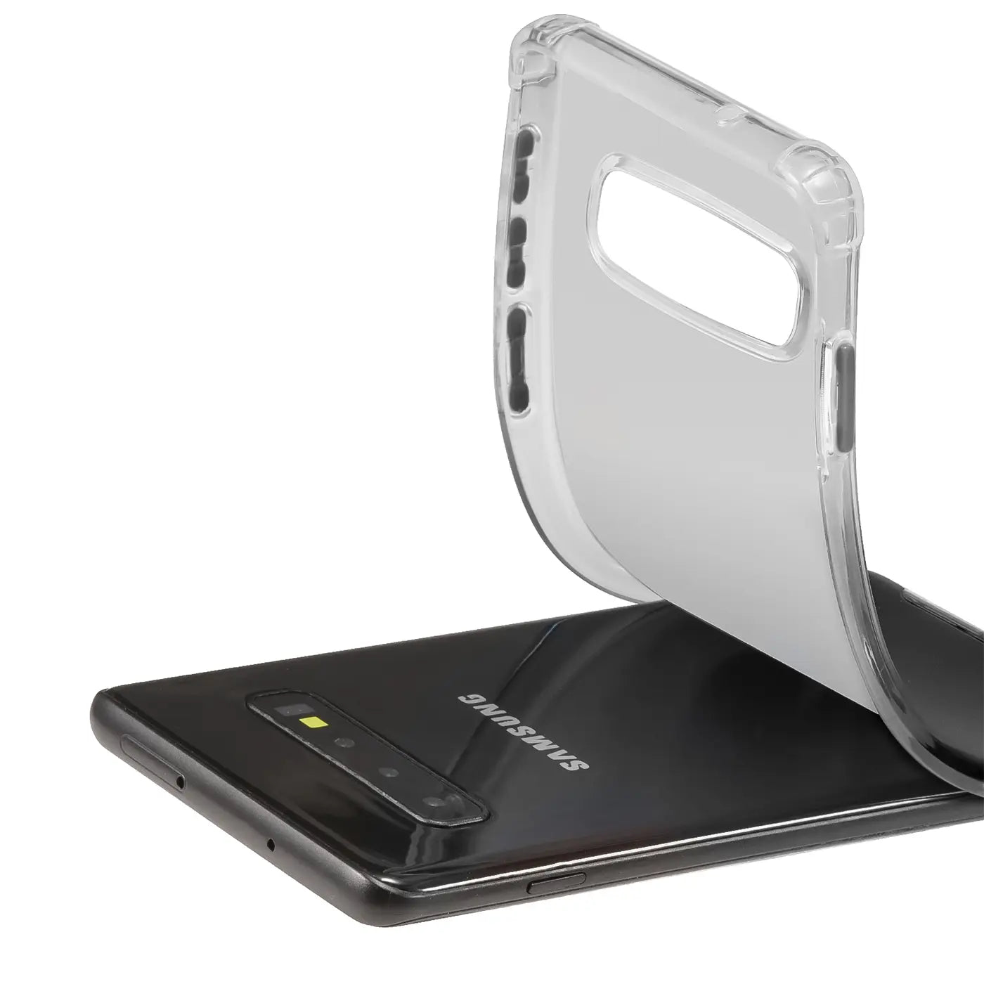 Transparente Silikonhülle über schwarzem Samsung Galaxy S10, Seitenansicht.