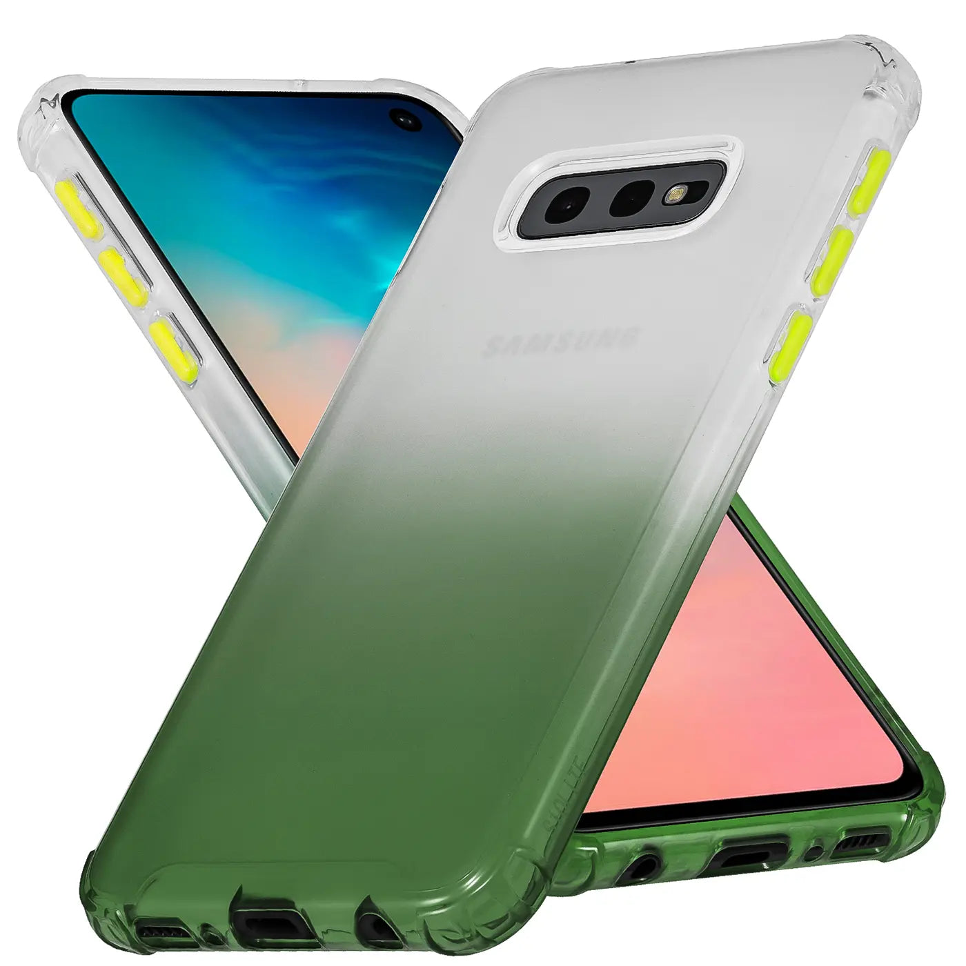 Samsung Galaxy S10e Hülle, transparent mit Farbverlauf grün, von vorne schräg