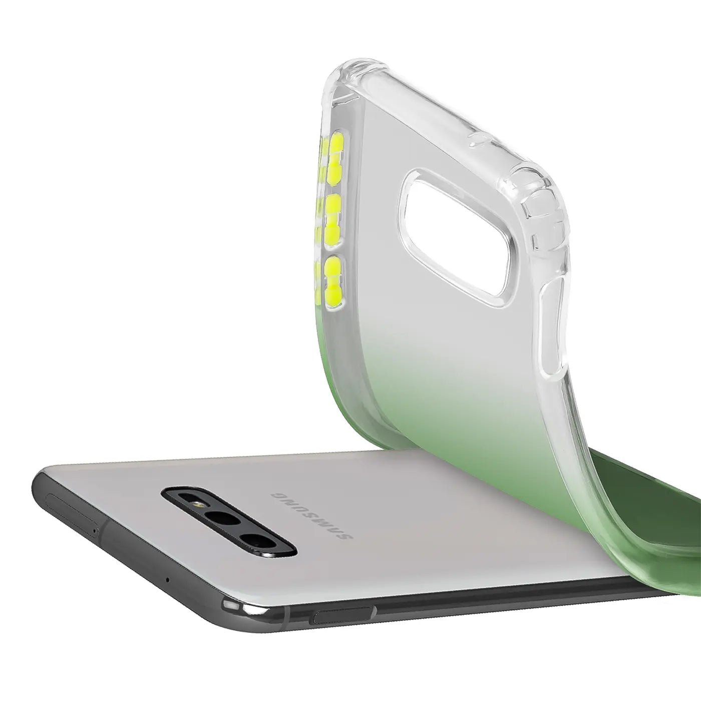 Samsung Galaxy S10e mit transparenter Hülle, Farbverlauf Grün, von oben links