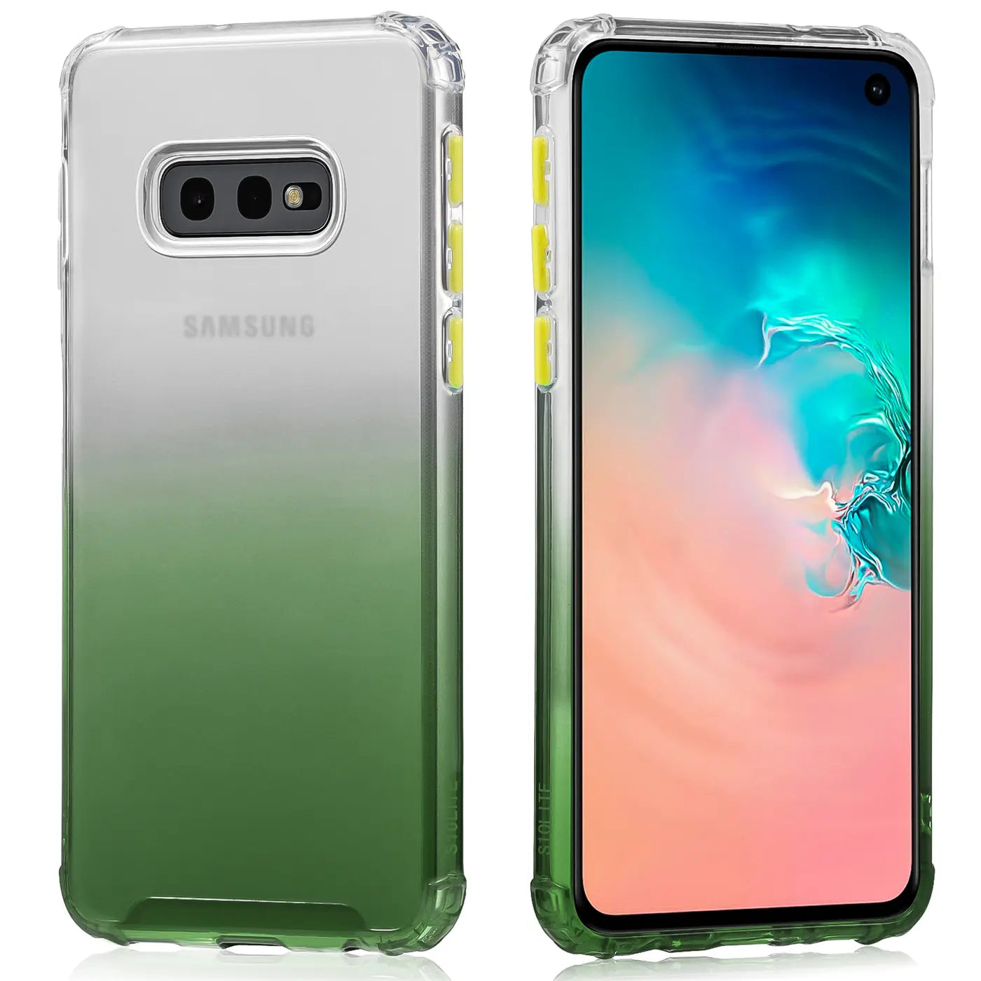 Samsung Galaxy S10e Hülle, transparent, Farbverlauf Grün, Vorder- und Rückansicht