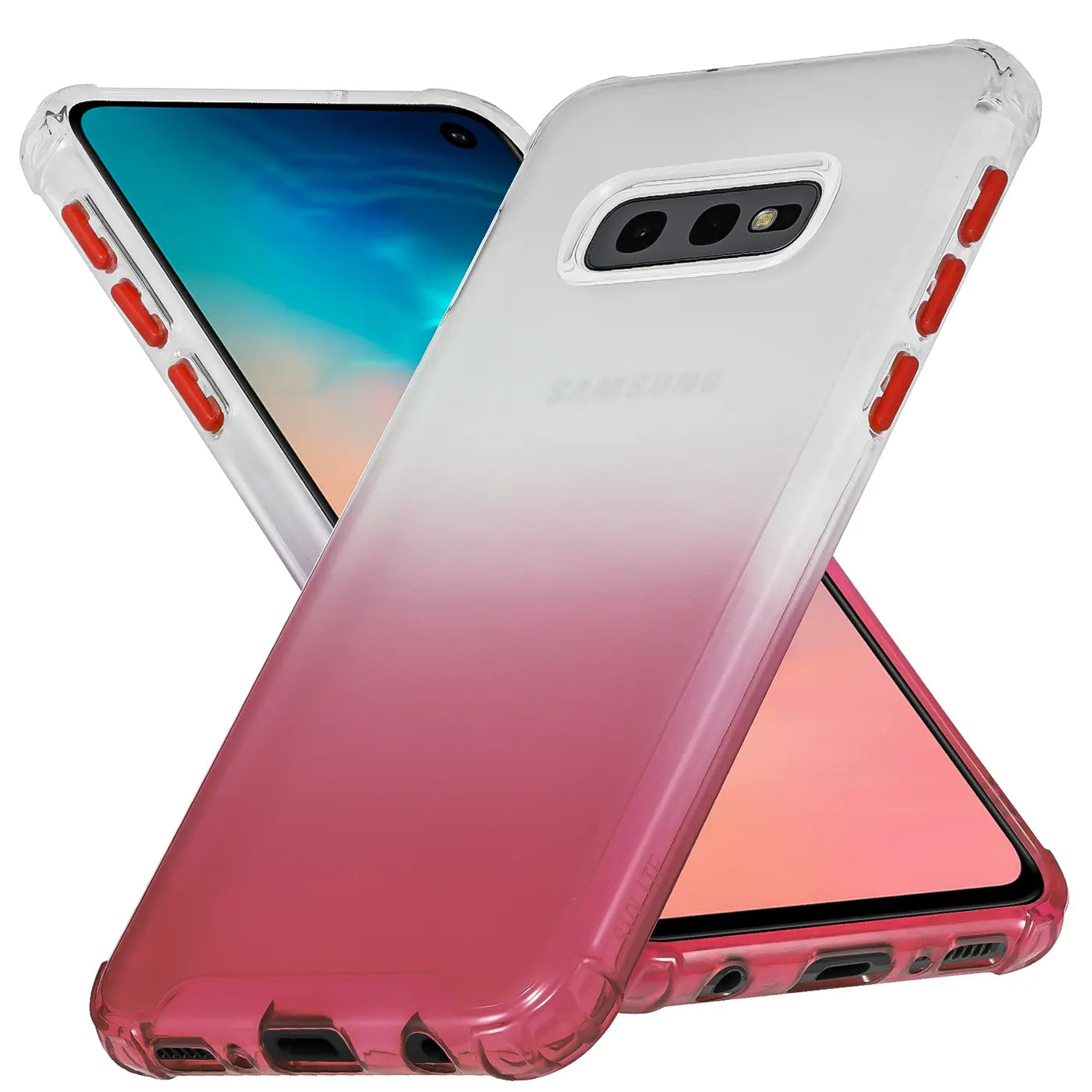Samsung S10e Hülle, pink-weißer Farbverlauf, transparent, von vorne links