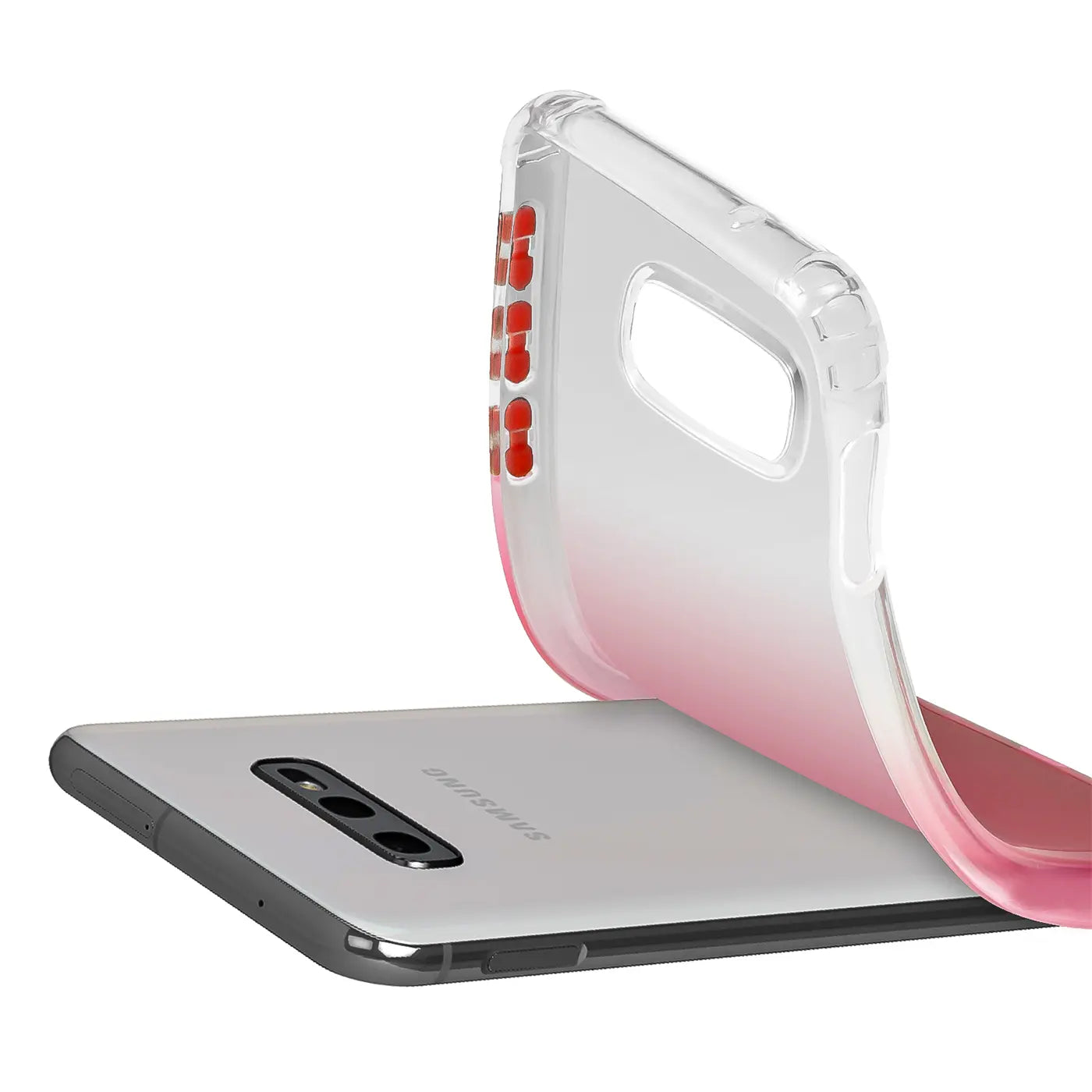 Samsung S10e mit pink-weißer Farbverlaufhülle, von oben gedreht, transparentes Silikon.