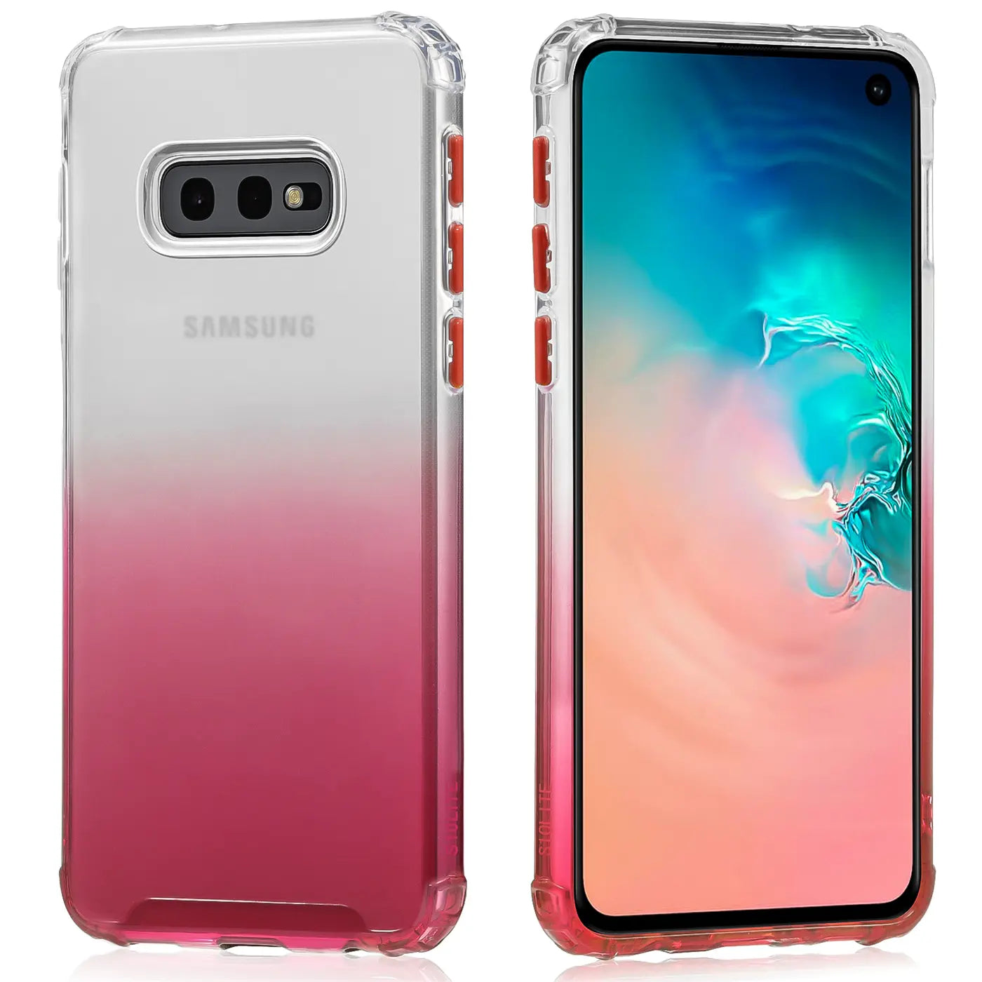 Samsung Galaxy S10e Hülle, transparent mit Farbverlauf (Pink/Weiß), Rück- und Vorderansicht
