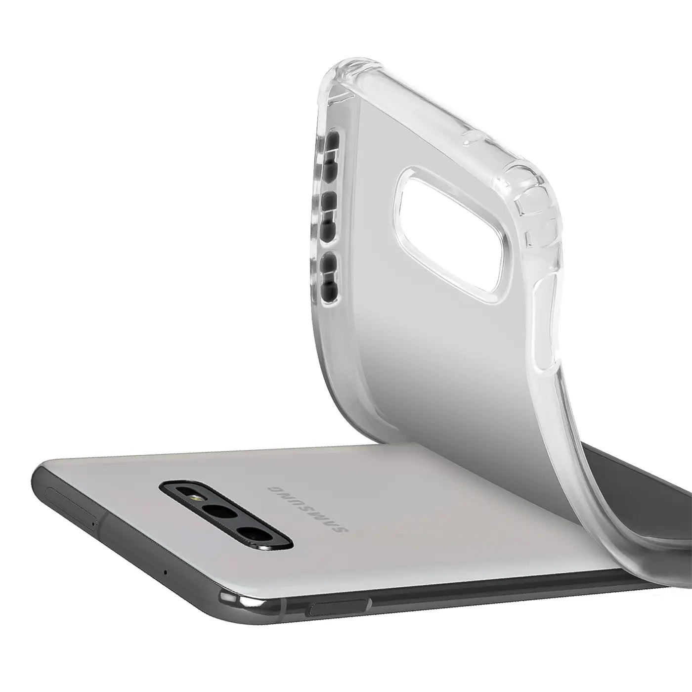 Transparente Hülle aus Kunststoff, von oben auf ein Samsung Galaxy S10e gelegt.