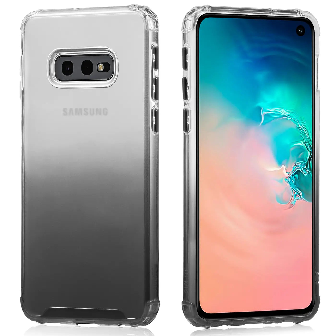 Samsung Galaxy S10e Hülle, transparent mit Farbverlauf, Rückansicht und Vorderansicht