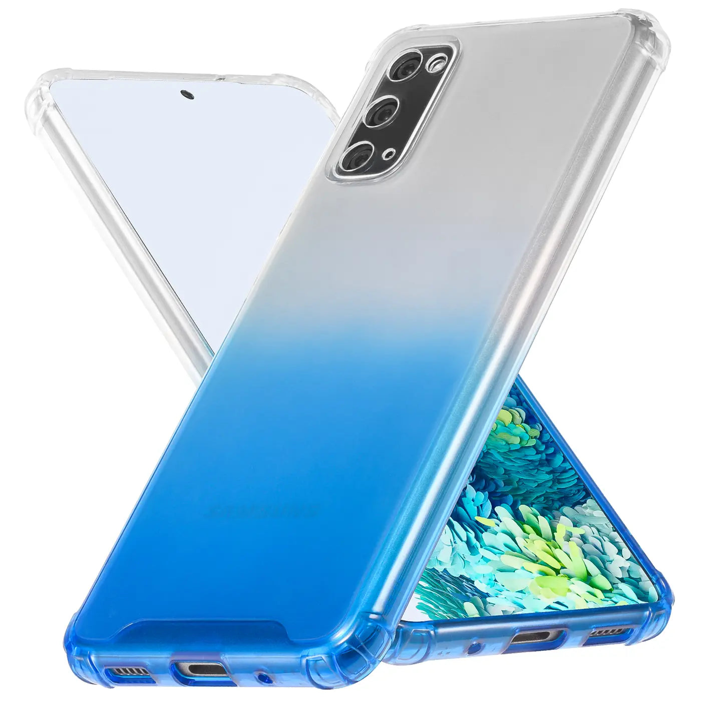 Samsung S20 Hülle, transparent, blau-weißer Farbverlauf, von schräg oben, aus Kunststoff