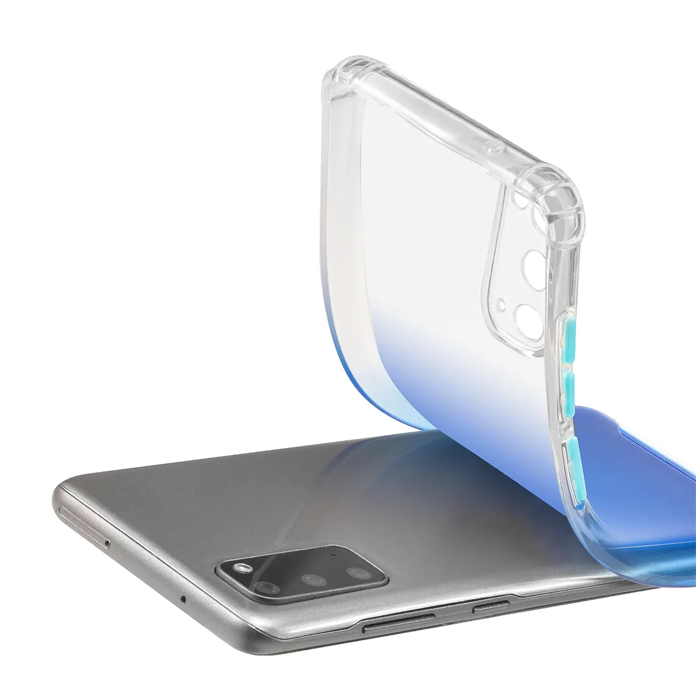 Samsung Galaxy S20 mit transparenter Hülle, Farbverlauf blau, von oben betrachtet.