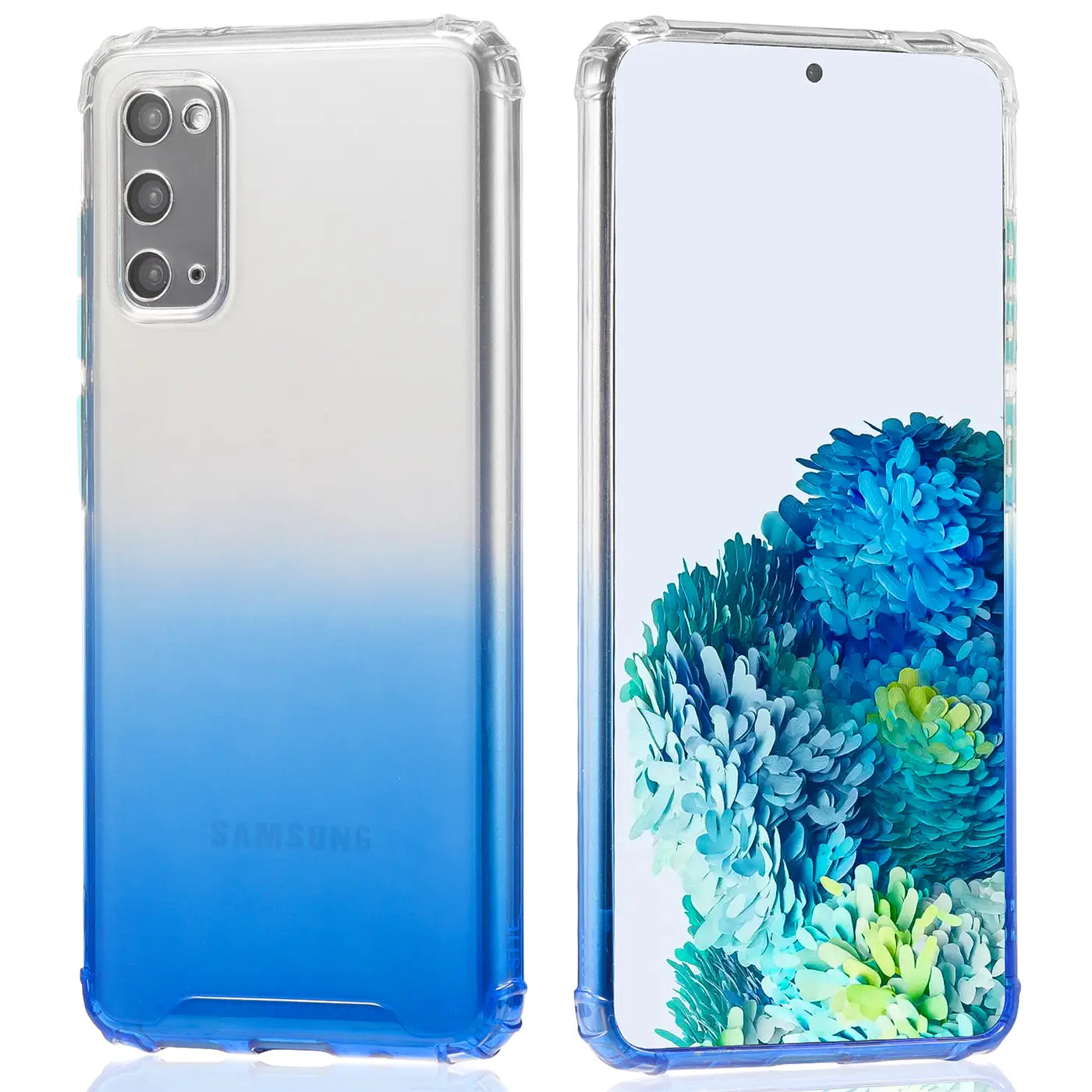 Samsung S20 Hülle, transparent, blauverlauf, TPU, Rück- und Vorderansicht