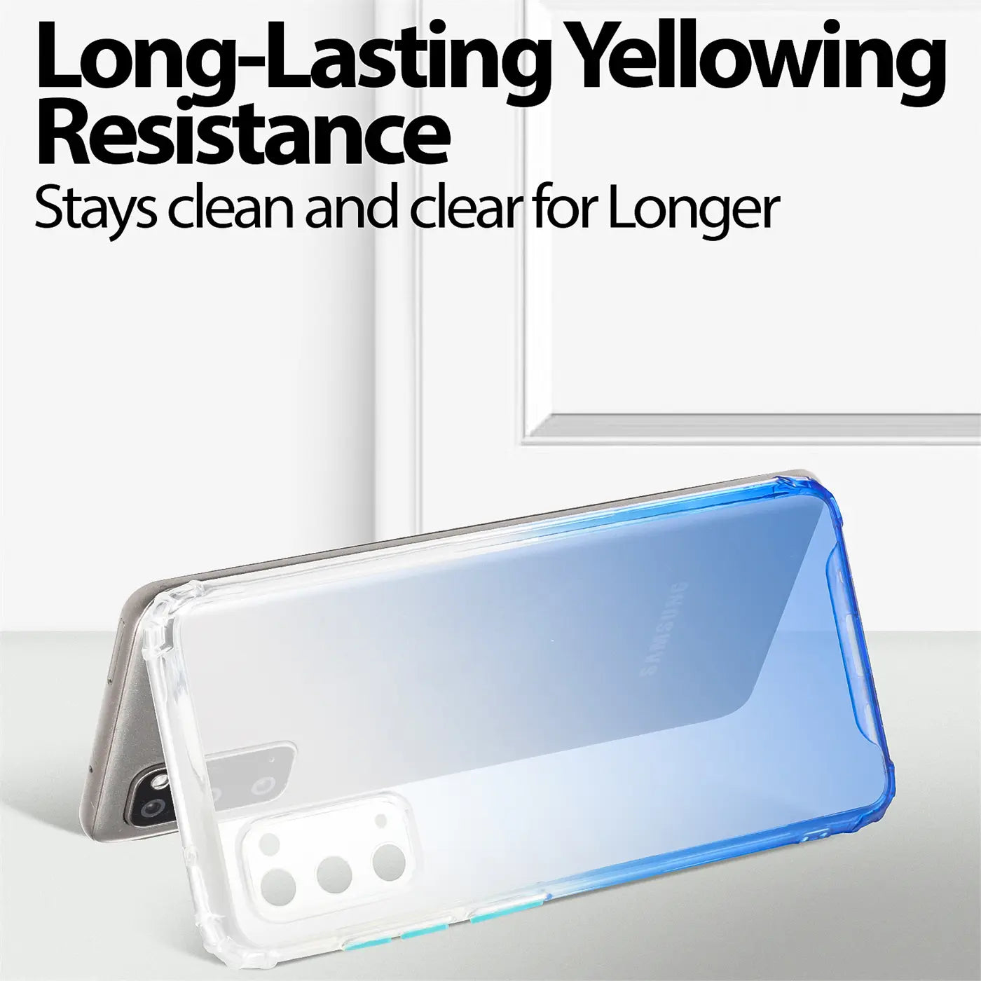Samsung Galaxy S20 Hülle, transparent mit blauem Farbverlauf, Rückansicht, aus Kunststoff.