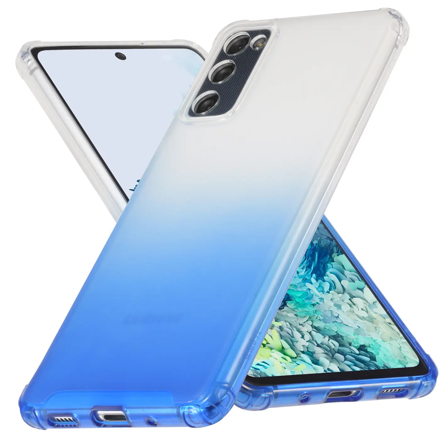 Transparente Hülle mit blauem Farbverlauf für Samsung Galaxy S20 FE, von schräg oben fotografiert.