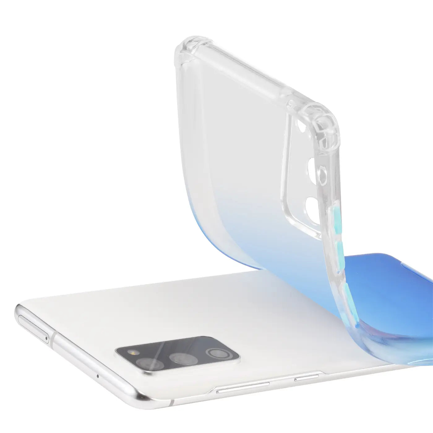 Transparente Hülle mit Farbverlauf (blau) aus Kunststoff auf weißem Samsung Galaxy S20 FE, von schräg oben