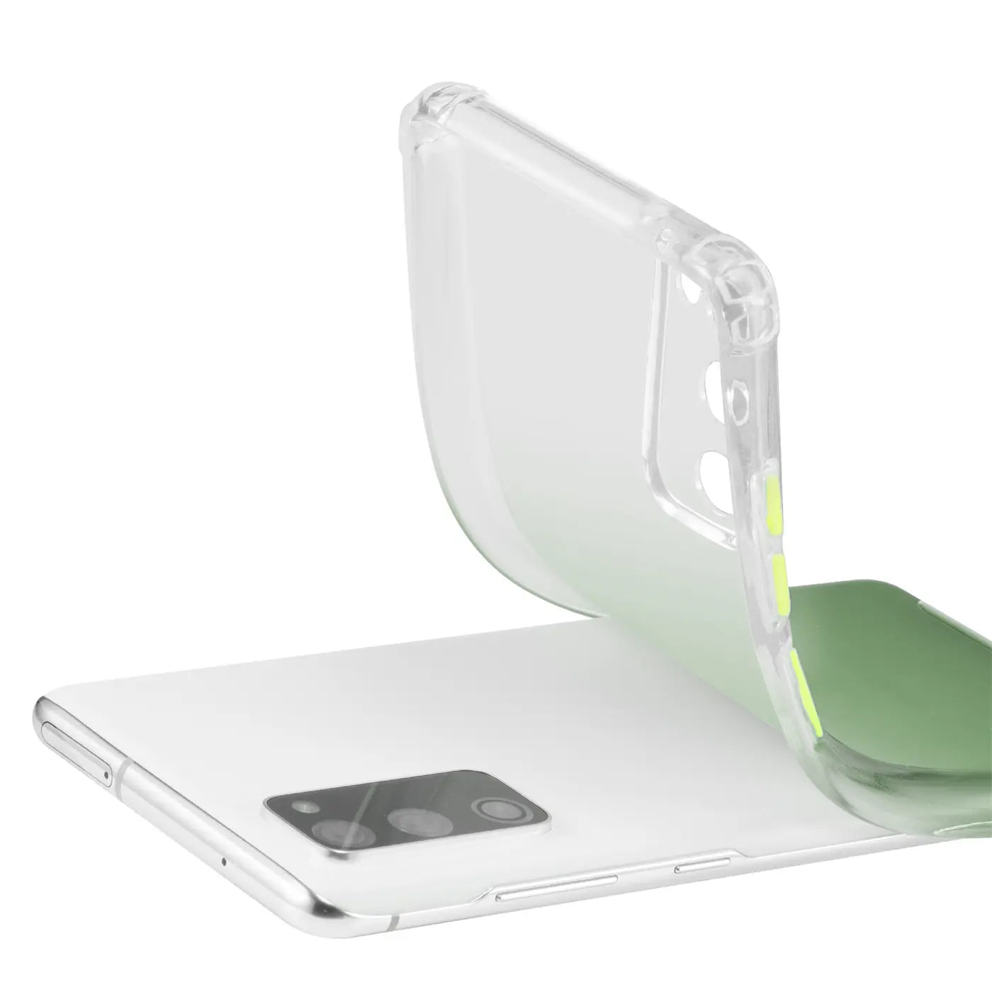 Transparente Hülle mit Farbverlauf (grün) auf weißem Samsung S20 FE, von oben