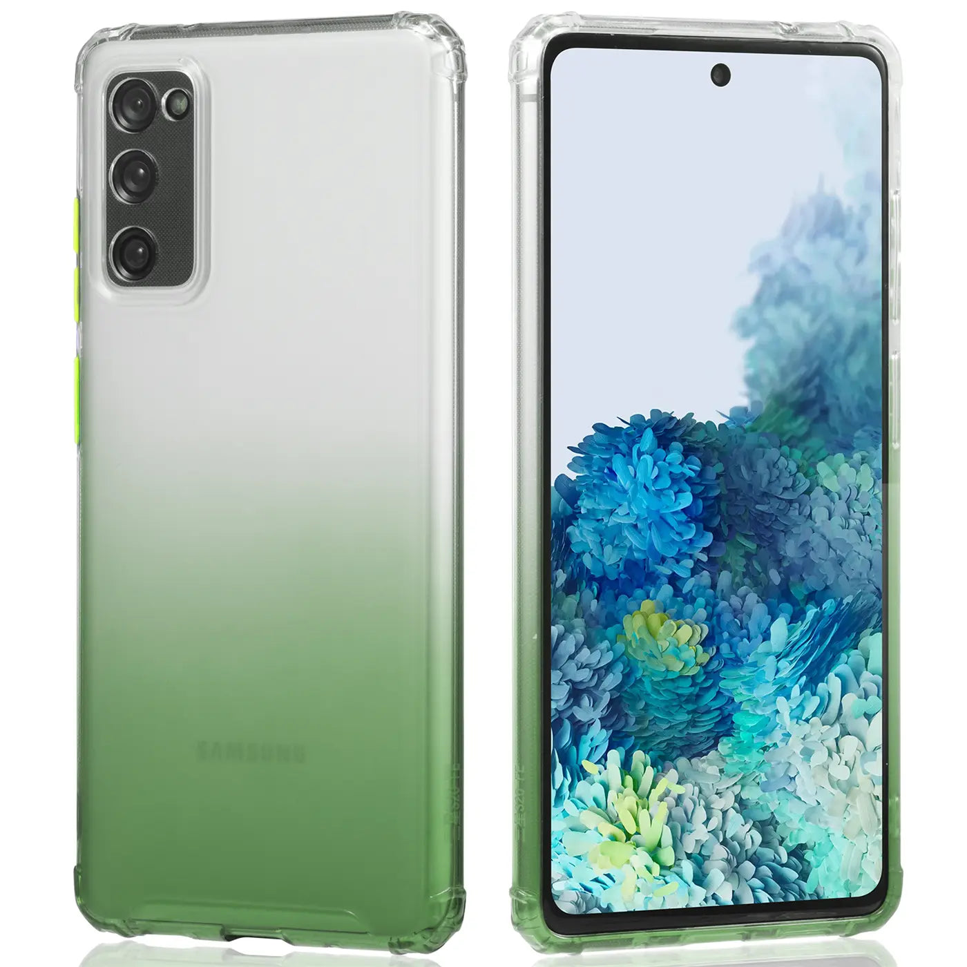 Samsung S20 FE Hülle, transparent mit grünem Farbverlauf, Vorder- und Rückansicht.