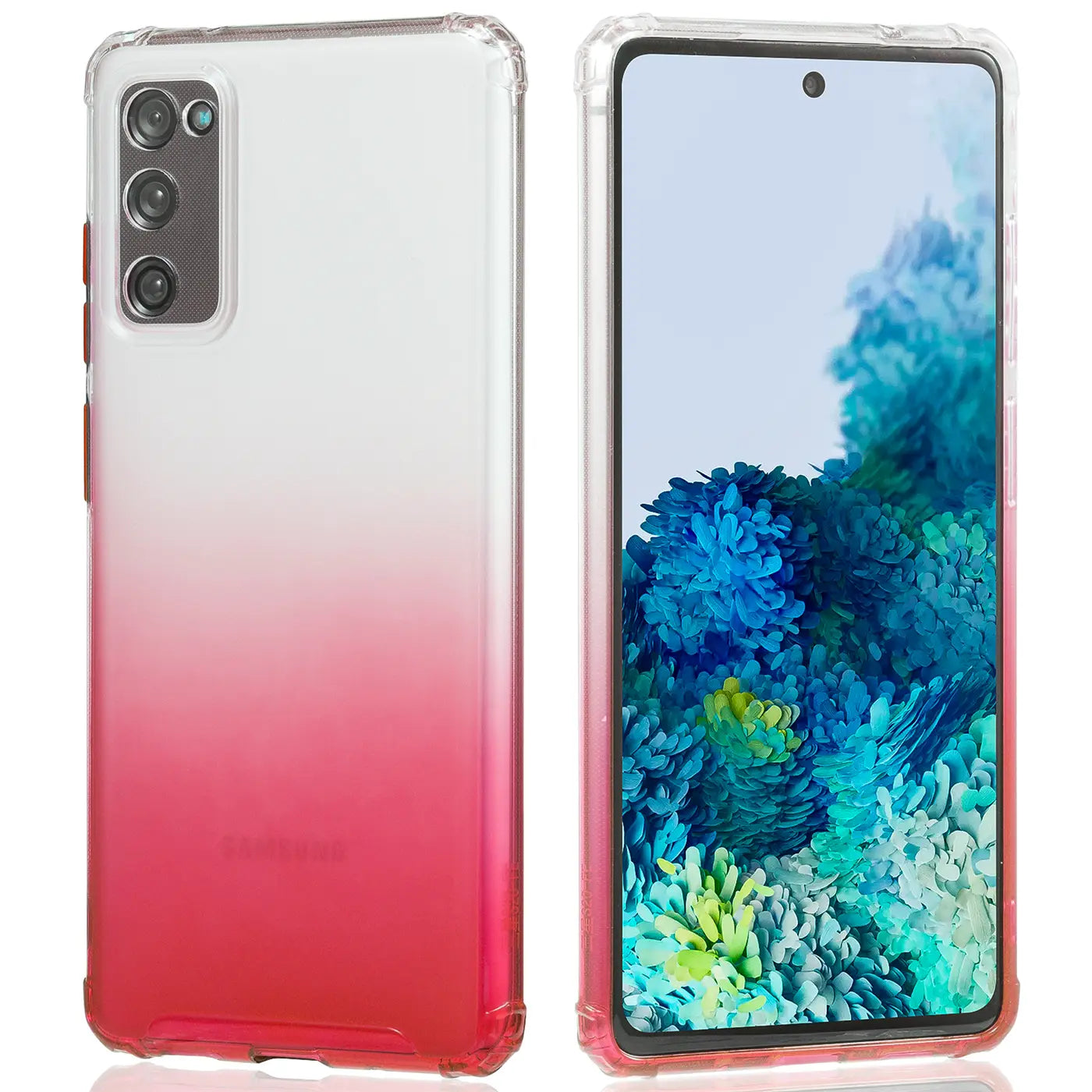 Samsung Galaxy S20 FE Hülle, transparent, pinker Farbverlauf, Vorder- und Rückansicht