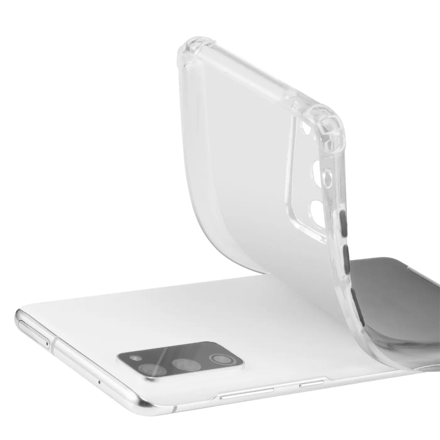 Transparente Silikonhülle, schräg von oben, auf weißem Samsung Galaxy S20 FE