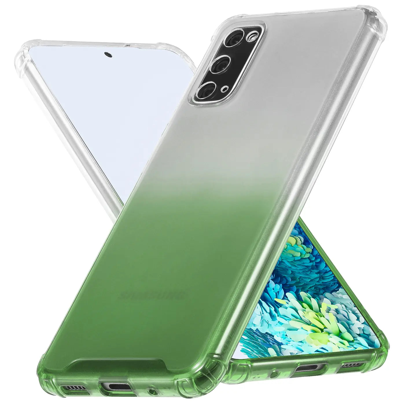 Samsung S20 Hülle, transparent, Farbverlauf grün/grau, TPU, von schräg unten