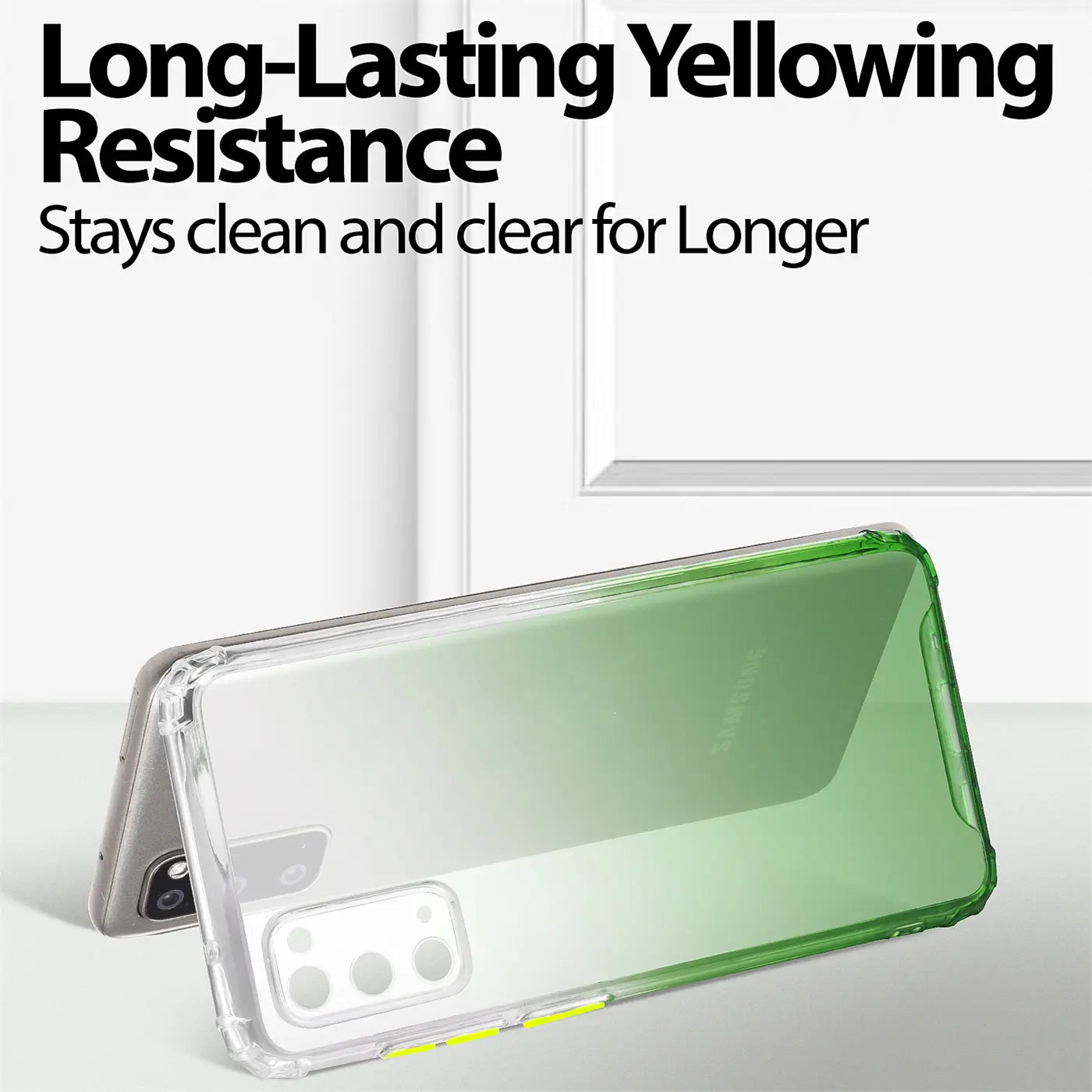 Transparente Hülle mit grünem Farbverlauf, auf der Rückseite eines Samsung Galaxy S20.