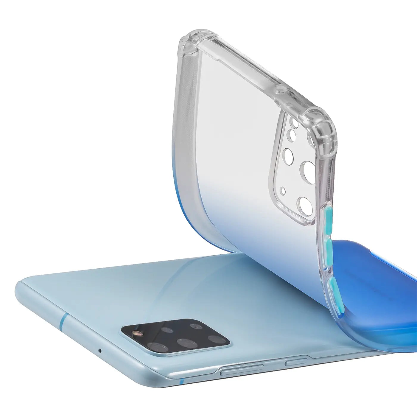 Samsung S20 Plus mit blauer Farbverlauf-Hülle aus transparentem Kunststoff, von schräg oben fotografiert.