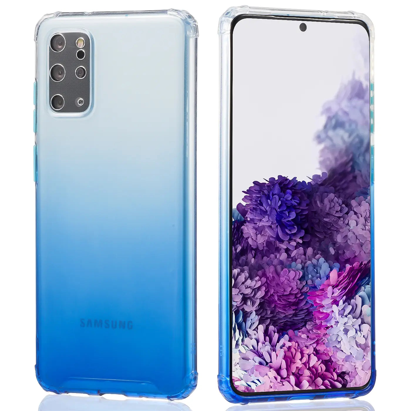 Samsung Galaxy S20 Plus Hülle, blau/weiß Farbverlauf, transparent, Vorder- und Rückansicht