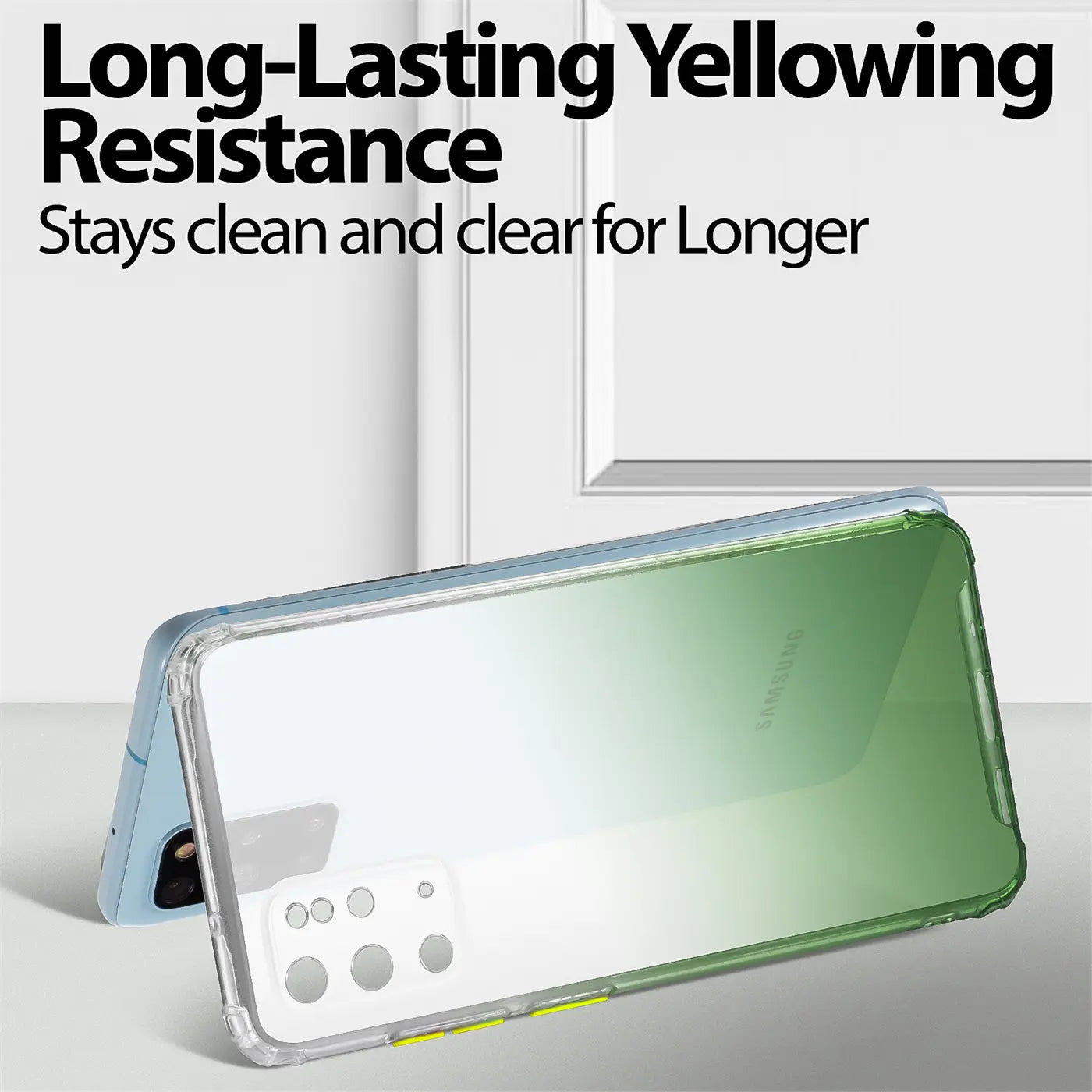 Samsung Galaxy S20 Plus mit transparenter Farbverlauf-Hülle (blau/grün), von schräg oben