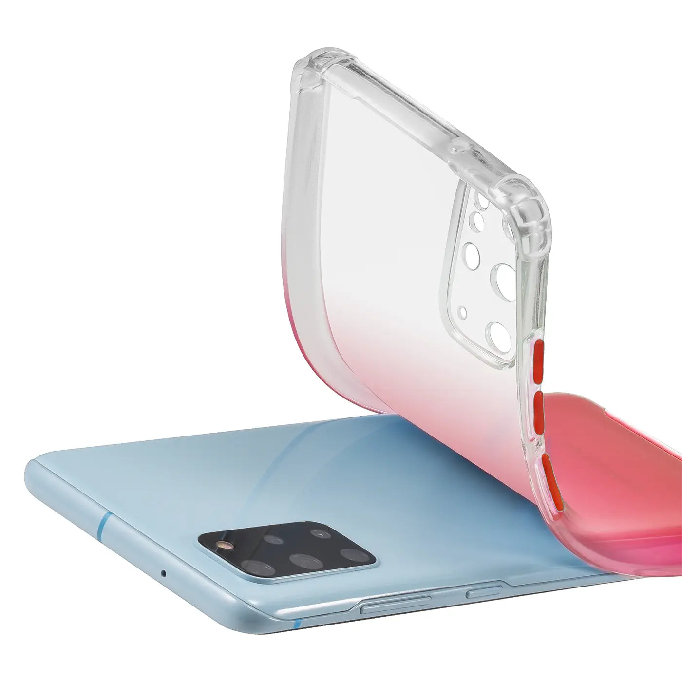Samsung S20 Plus, klare Hülle mit Farbverlauf (pink/rot), von oben, aus Kunststoff.
