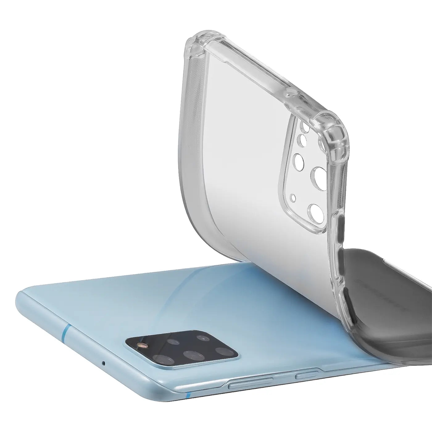 Transparente Hülle aus Silikon wird auf ein hellblaues Samsung Galaxy S20 Plus gelegt.