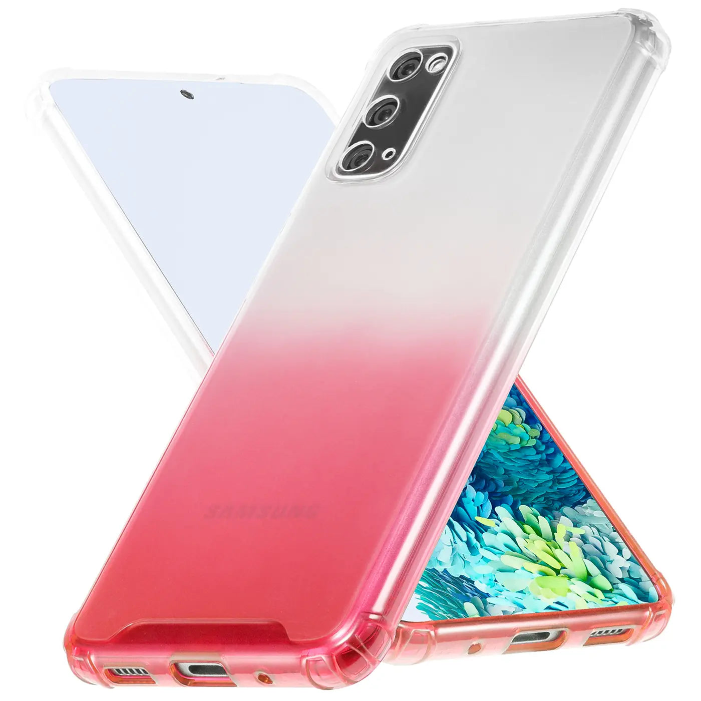 Transparente Hülle mit Farbverlauf (Pink/Weiß) für Samsung Galaxy S20, von schräg oben