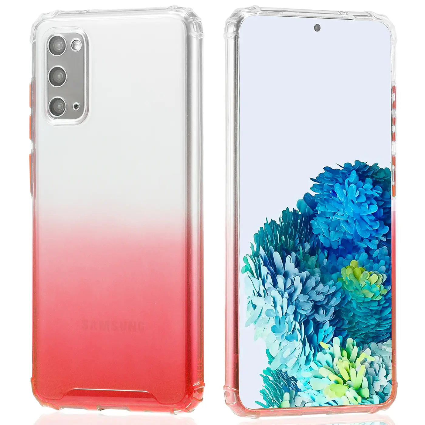 Samsung Galaxy S20 Hülle, transparent mit Farbverlauf rot, TPU, Vorder- und Rückansicht