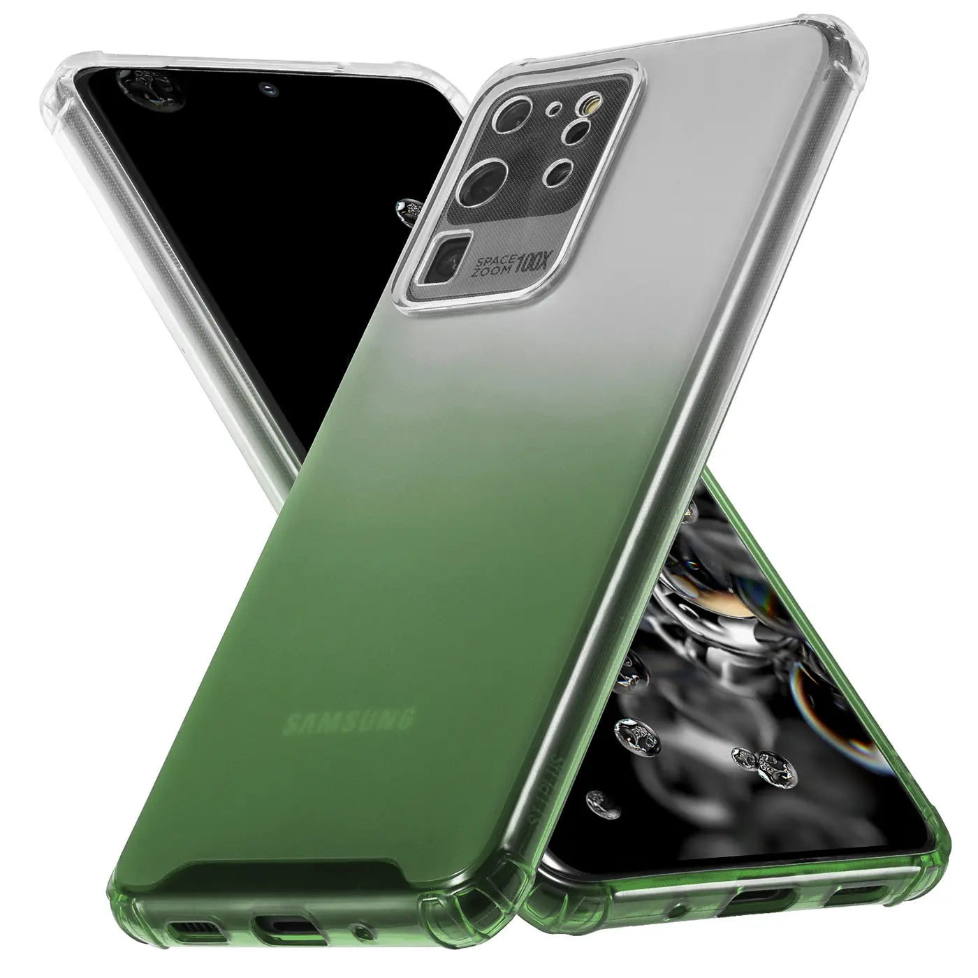 Samsung Galaxy S20 Ultra Hülle, transparent mit Farbverlauf, von vorne und hinten gezeigt.