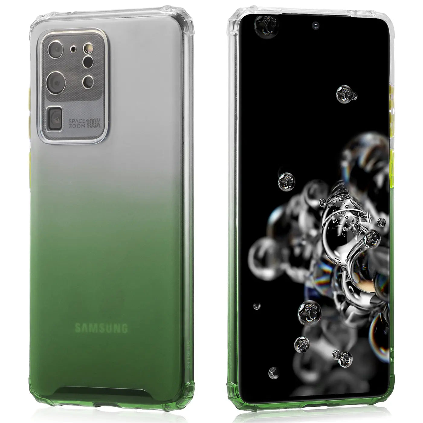 Samsung Galaxy S20 Ultra Hülle, transparent mit grünem Farbverlauf, Rückseite und Vorderseite gezeigt