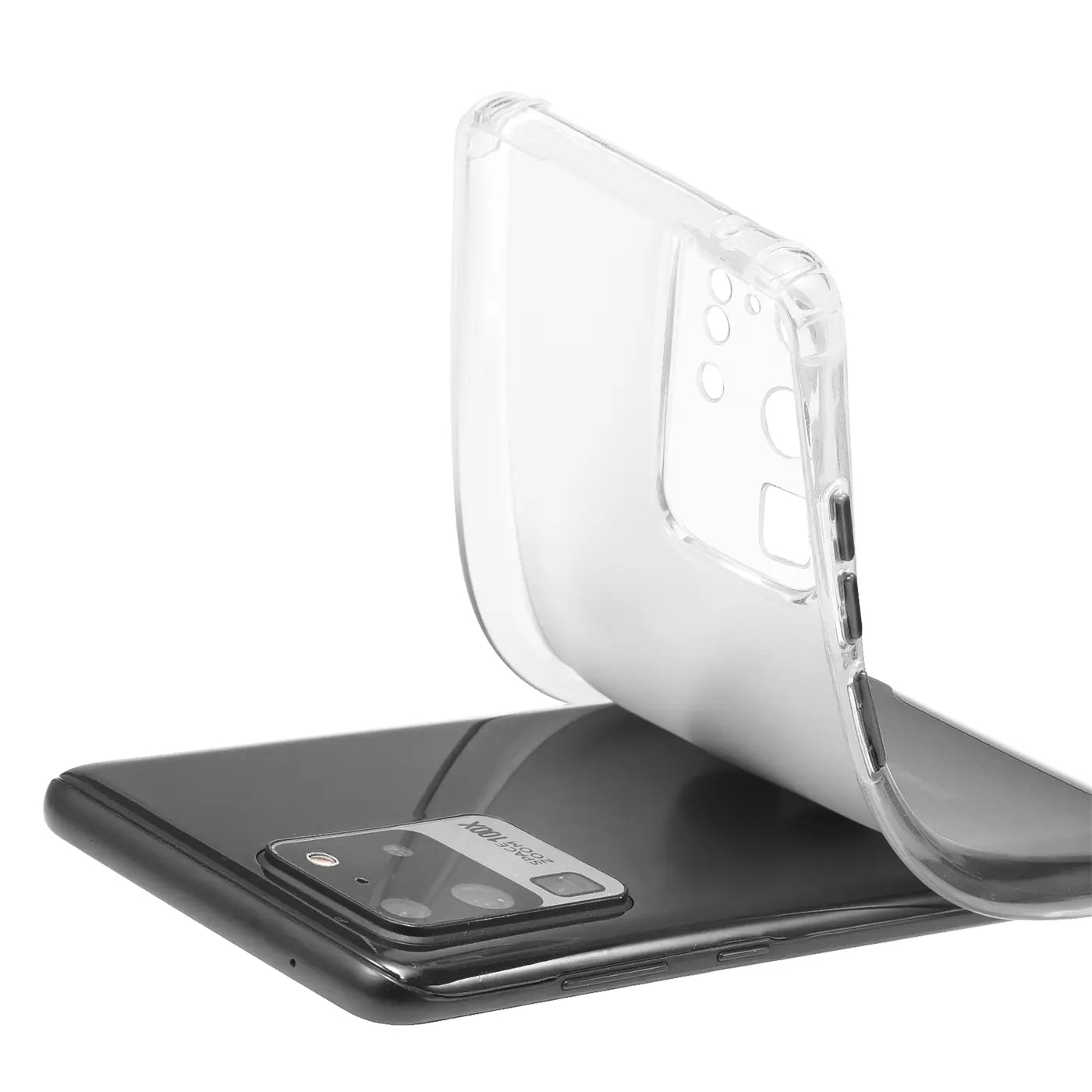 Transparente Silikonhülle über schwarzem Samsung Galaxy S20 Ultra, Draufsicht.