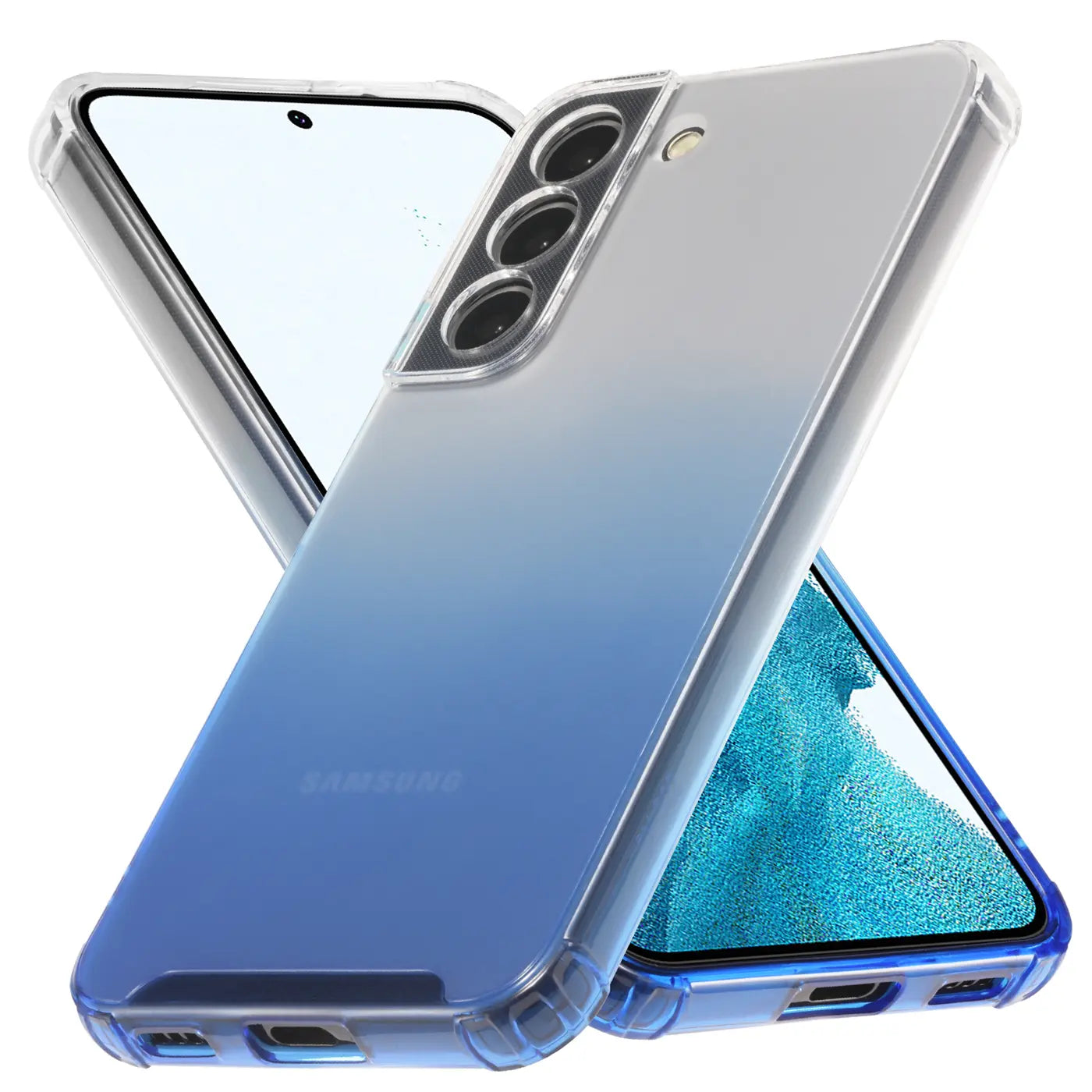 Samsung S21 Hülle, transparent, blau, Farbverlauf, TPU, schräg von vorne