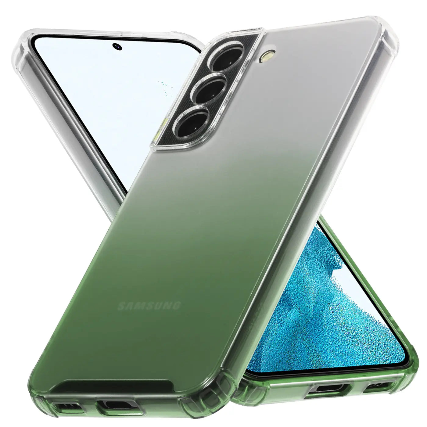 Transparente Hülle mit grünem Farbverlauf, Samsung Galaxy S21 FE, von vorne und hinten gezeigt.