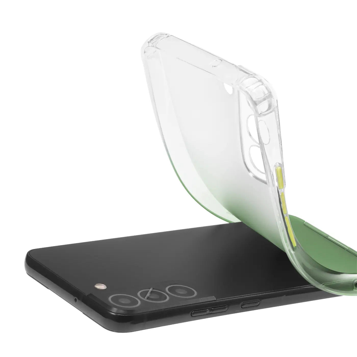 Transparente Hülle mit Farbverlauf (grün) aus Kunststoff, auf schwarzem Samsung S21 FE von oben.