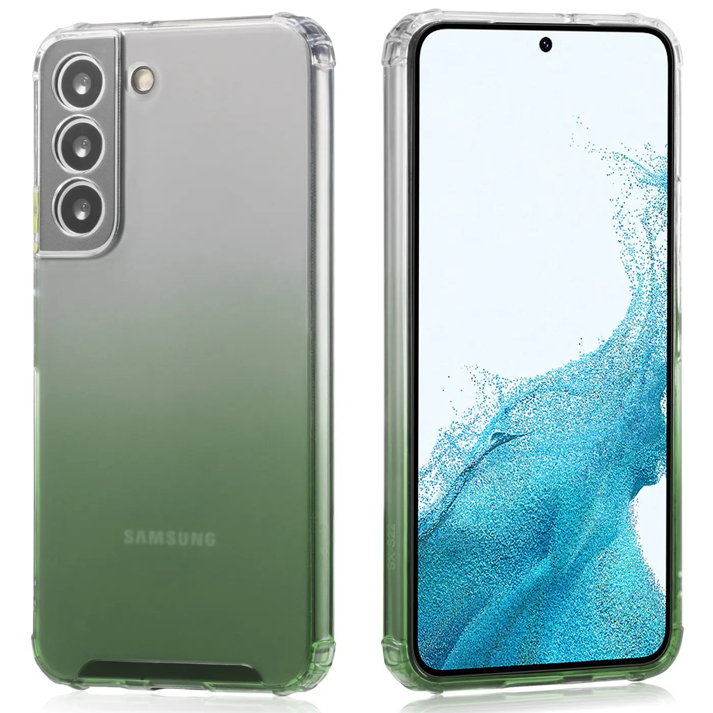 Samsung Galaxy S21 FE Hülle, transparent, Farbverlauf grün, Rück- und Vorderansicht