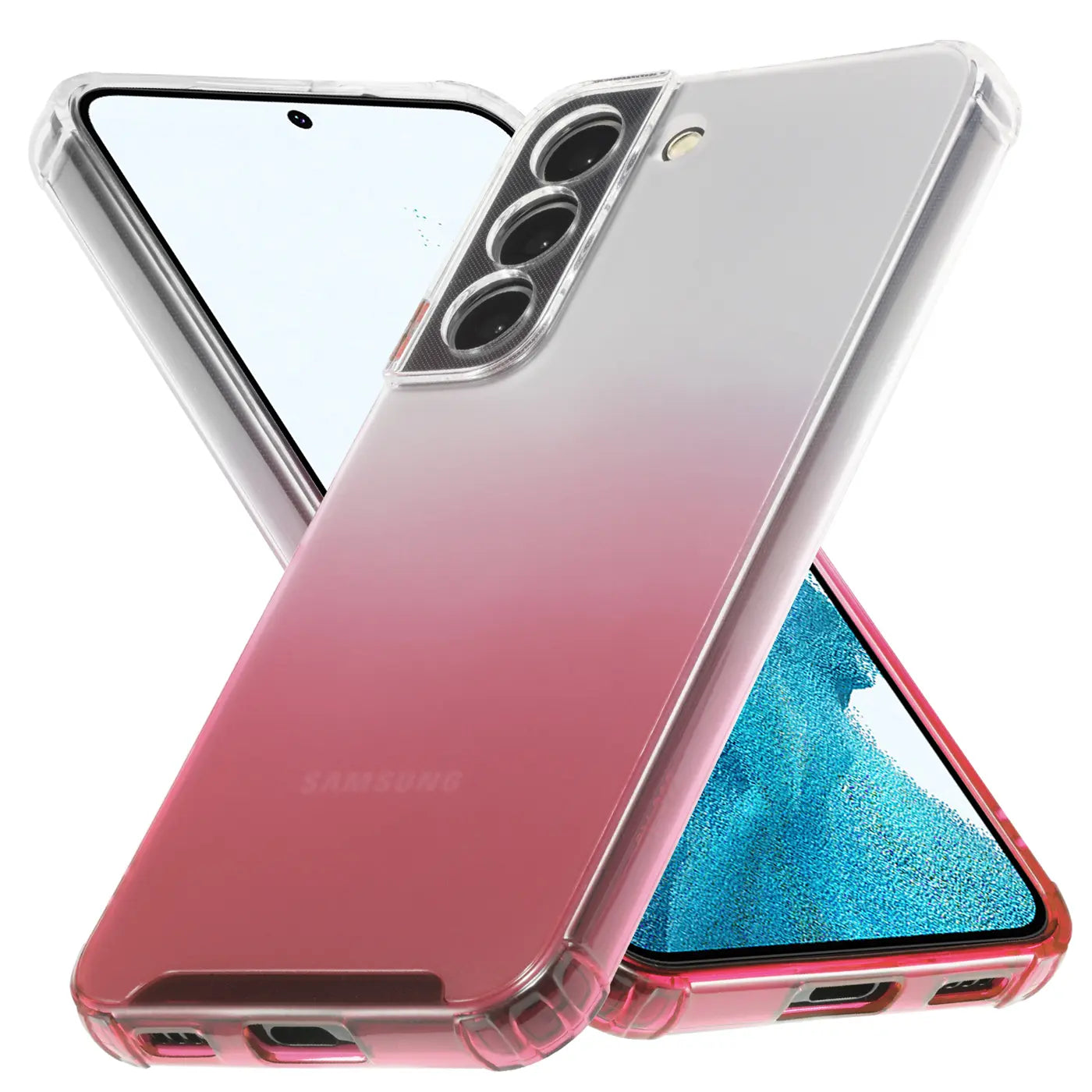 Transparente Hülle mit Farbverlauf (Pink/Silber) für Samsung Galaxy S21 FE, von schräg oben