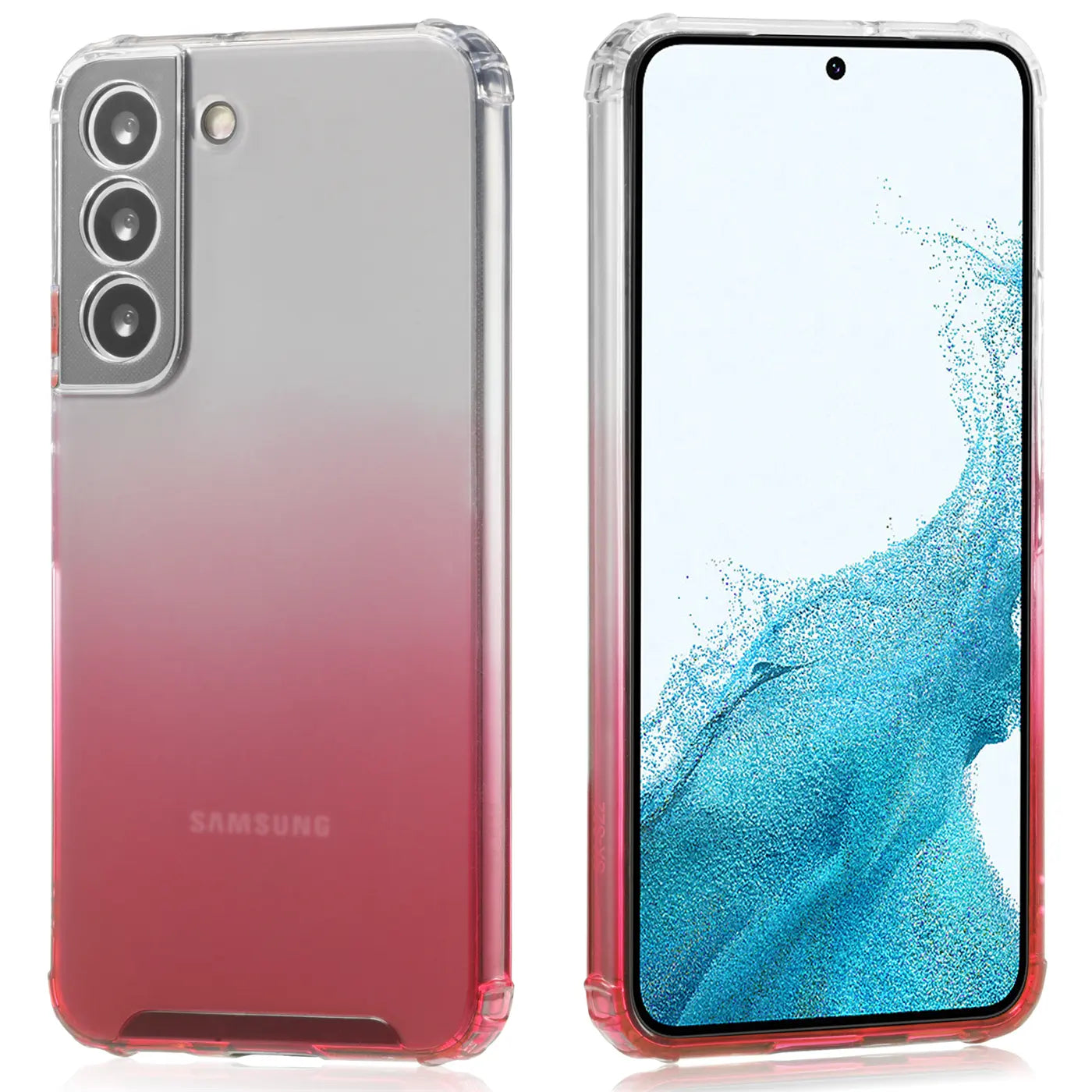 Samsung Galaxy S21 FE Hülle, transparent mit Farbverlauf (rot), Rückseite und Vorderseite, dünn