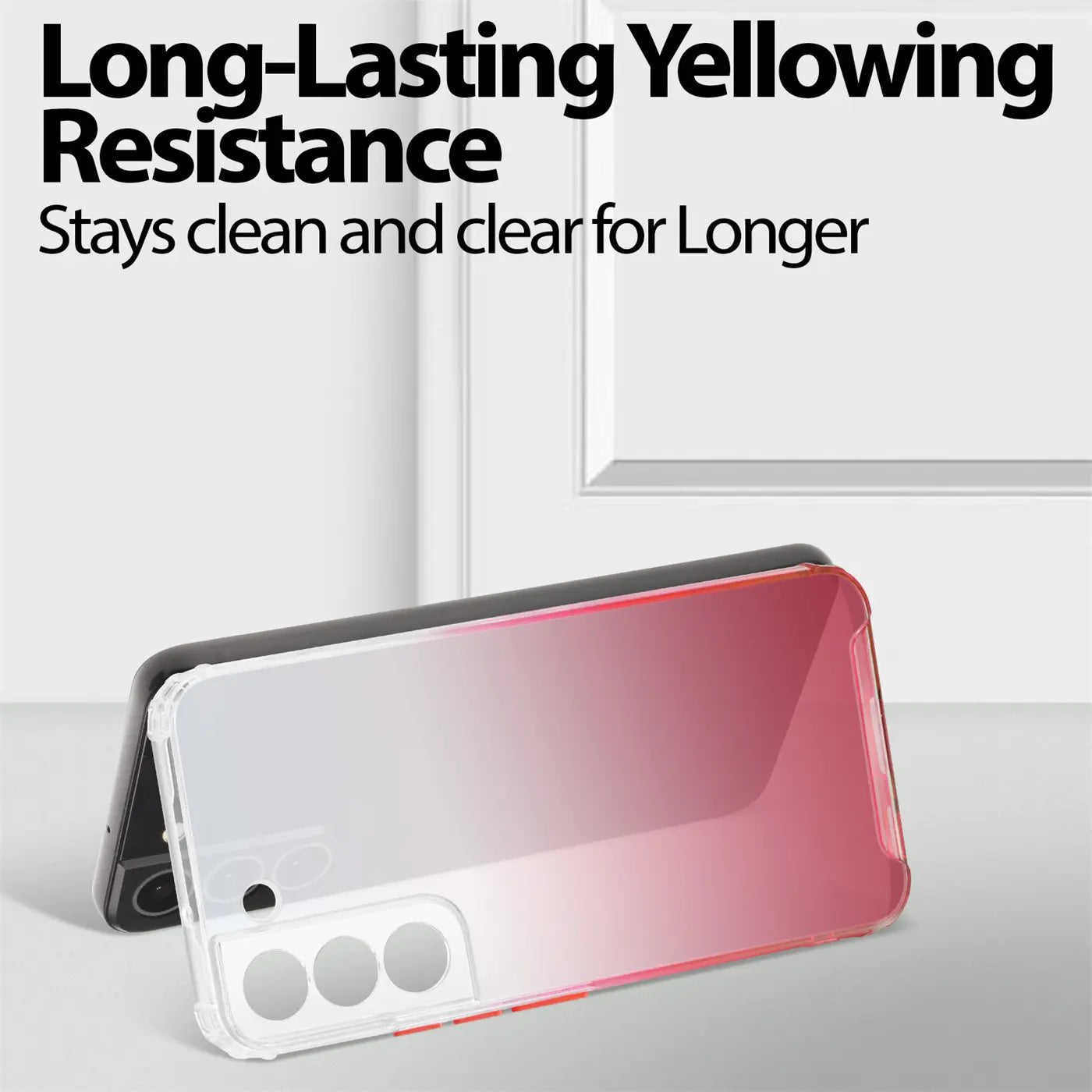 Transparente Hülle mit Farbverlauf (rot/weiß) für Samsung S21 FE, von schräg oben