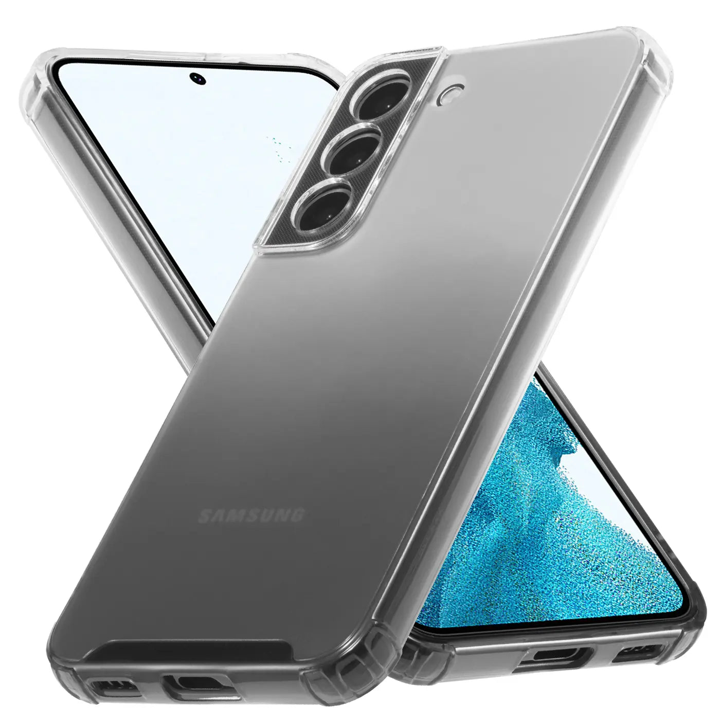 Transparente Hülle mit Farbverlauf für Samsung S21 FE, von schräg oben, aus Kunststoff.