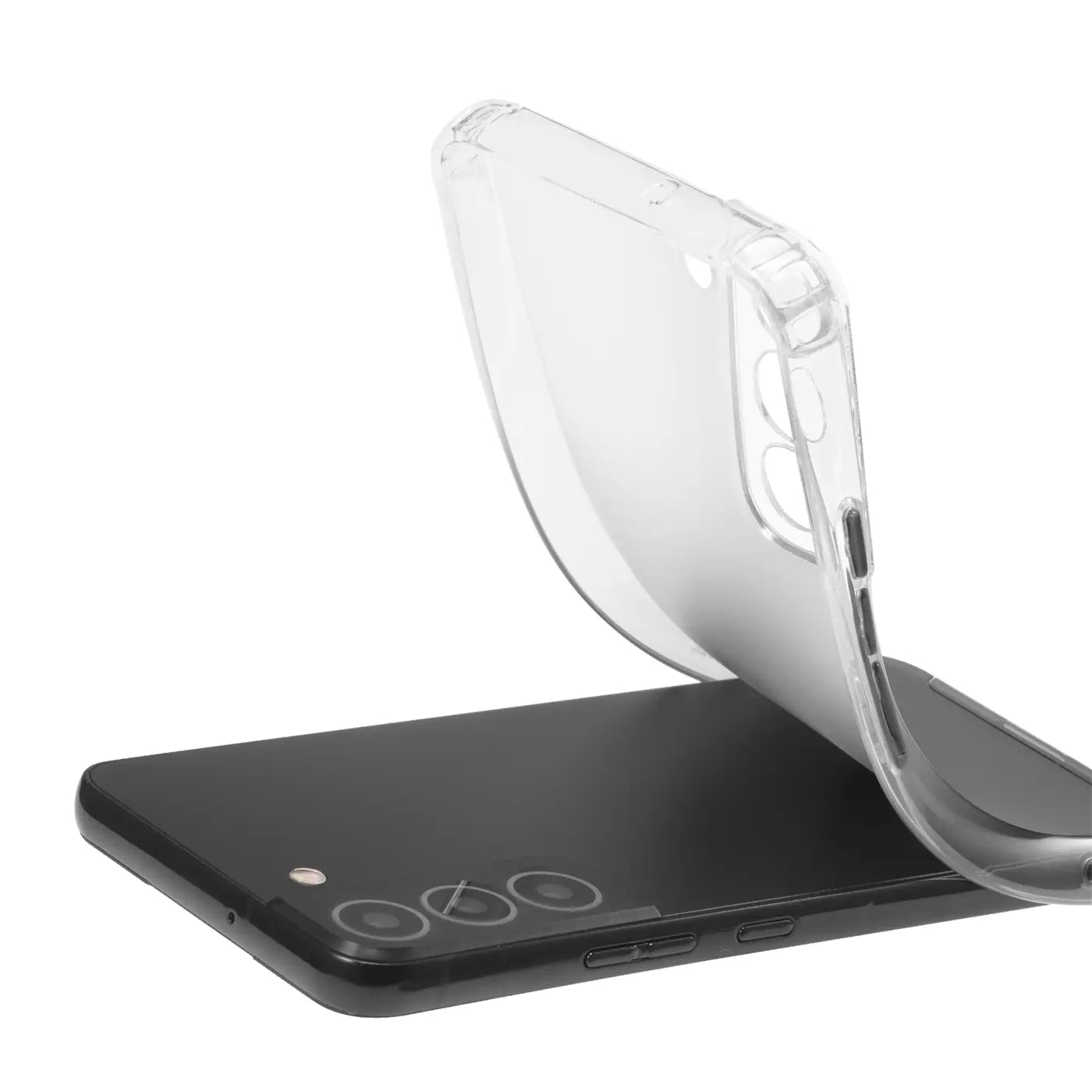 Transparente Hülle aus Silikon, von oben auf ein schwarzes Samsung Galaxy S21 FE gelegt.