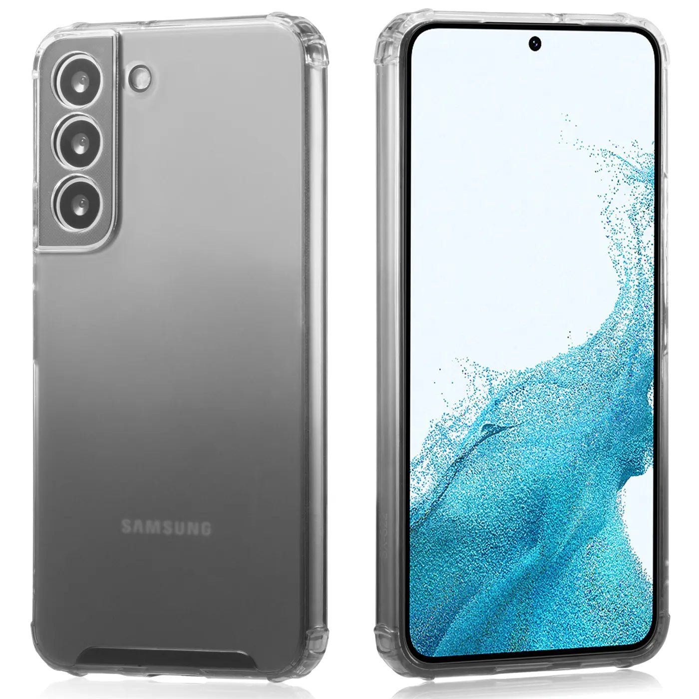 Graue, transparente Hülle, Rück- und Vorderansicht, Samsung Galaxy S21 FE.