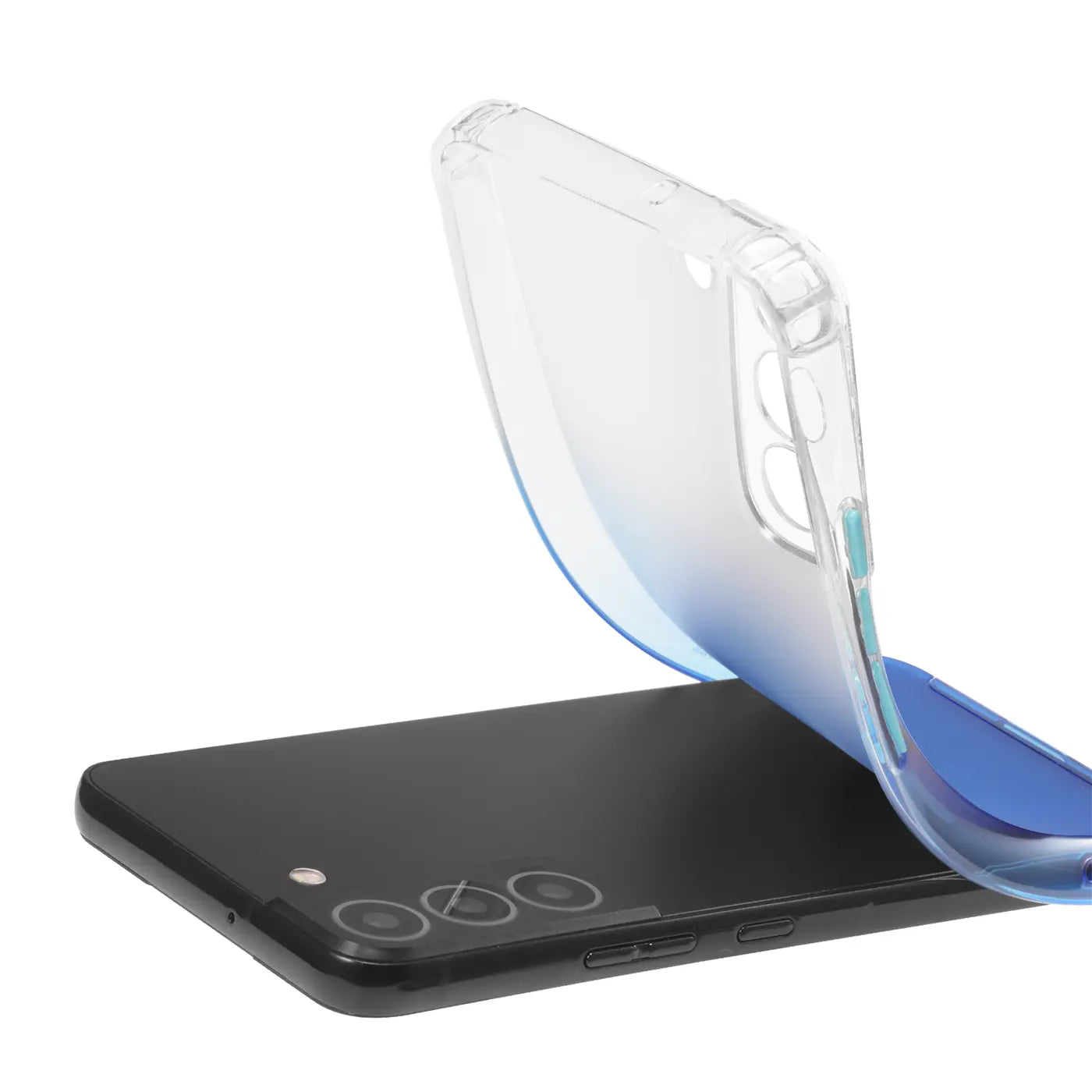 Transparente, blaue Farbverlauf-Hülle aus Kunststoff, seitliche Ansicht, auf schwarzem Samsung S21 Plus.