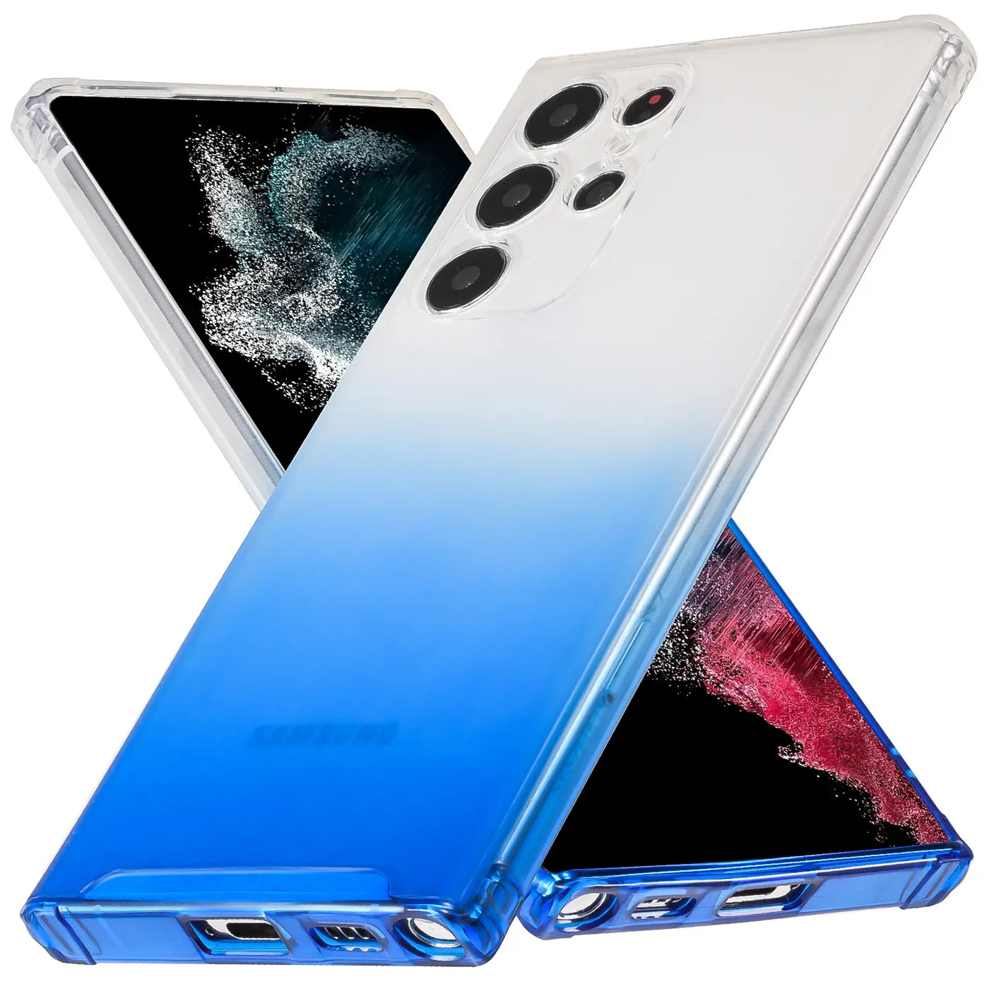 Transparente Hülle mit blauem Farbverlauf für Samsung Galaxy S21 Ultra, von schräg unten gesehen.