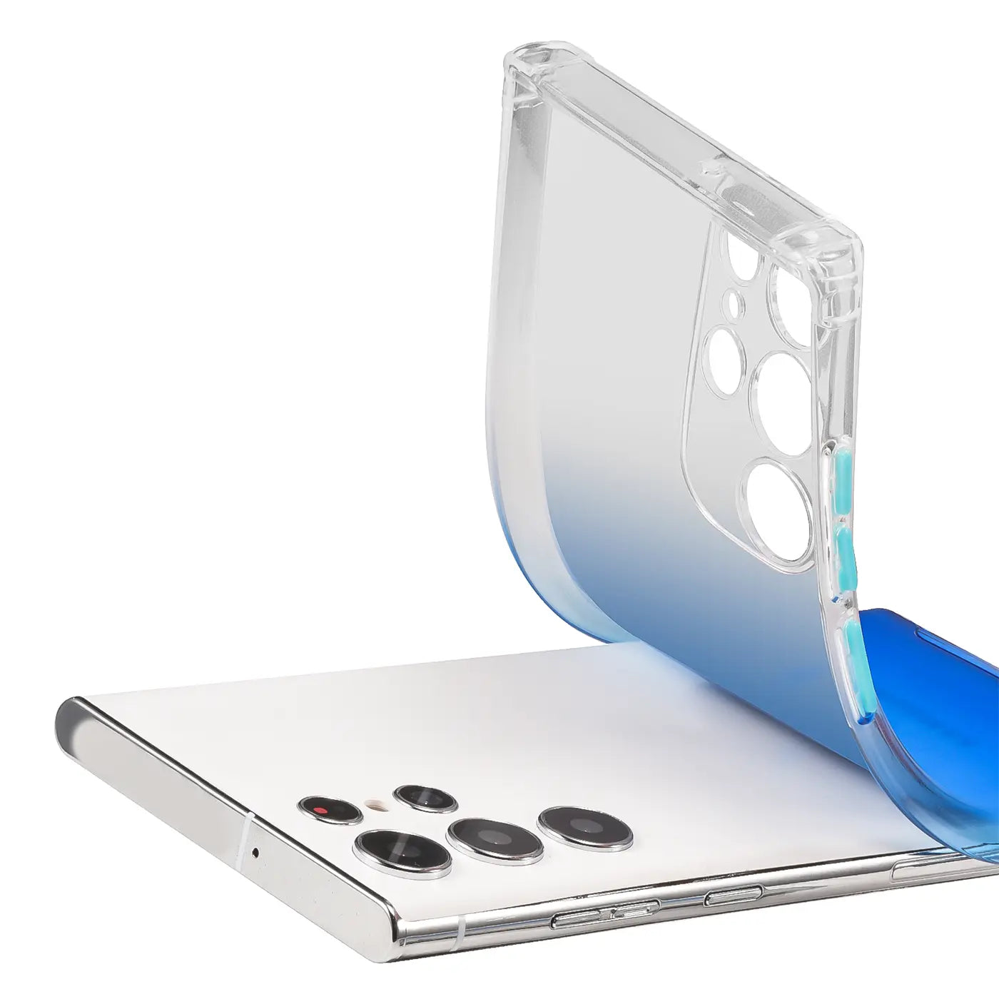 Samsung Galaxy S21 Ultra mit transparenter Hülle, Farbverlauf blau, von oben.