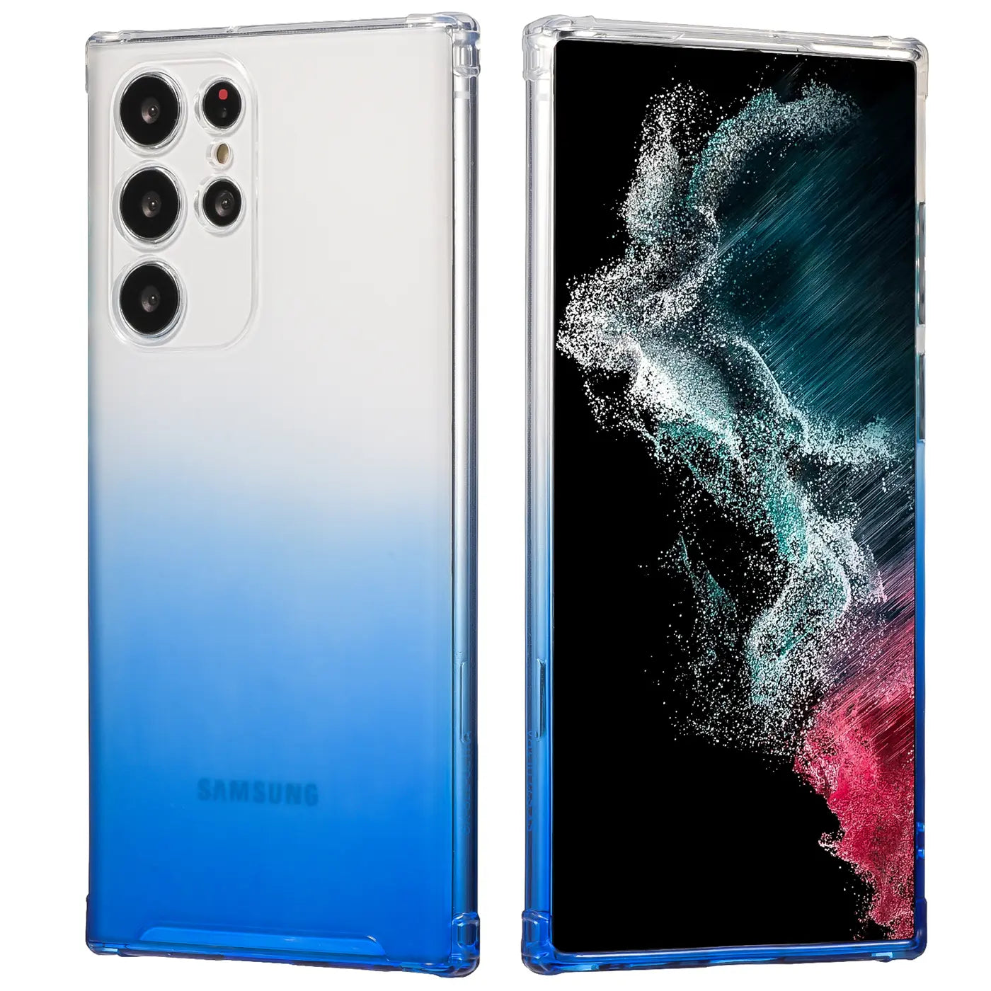 Samsung Galaxy S21 Ultra Hülle, transparent mit blauem Farbverlauf, Rückseite und Vorderseite